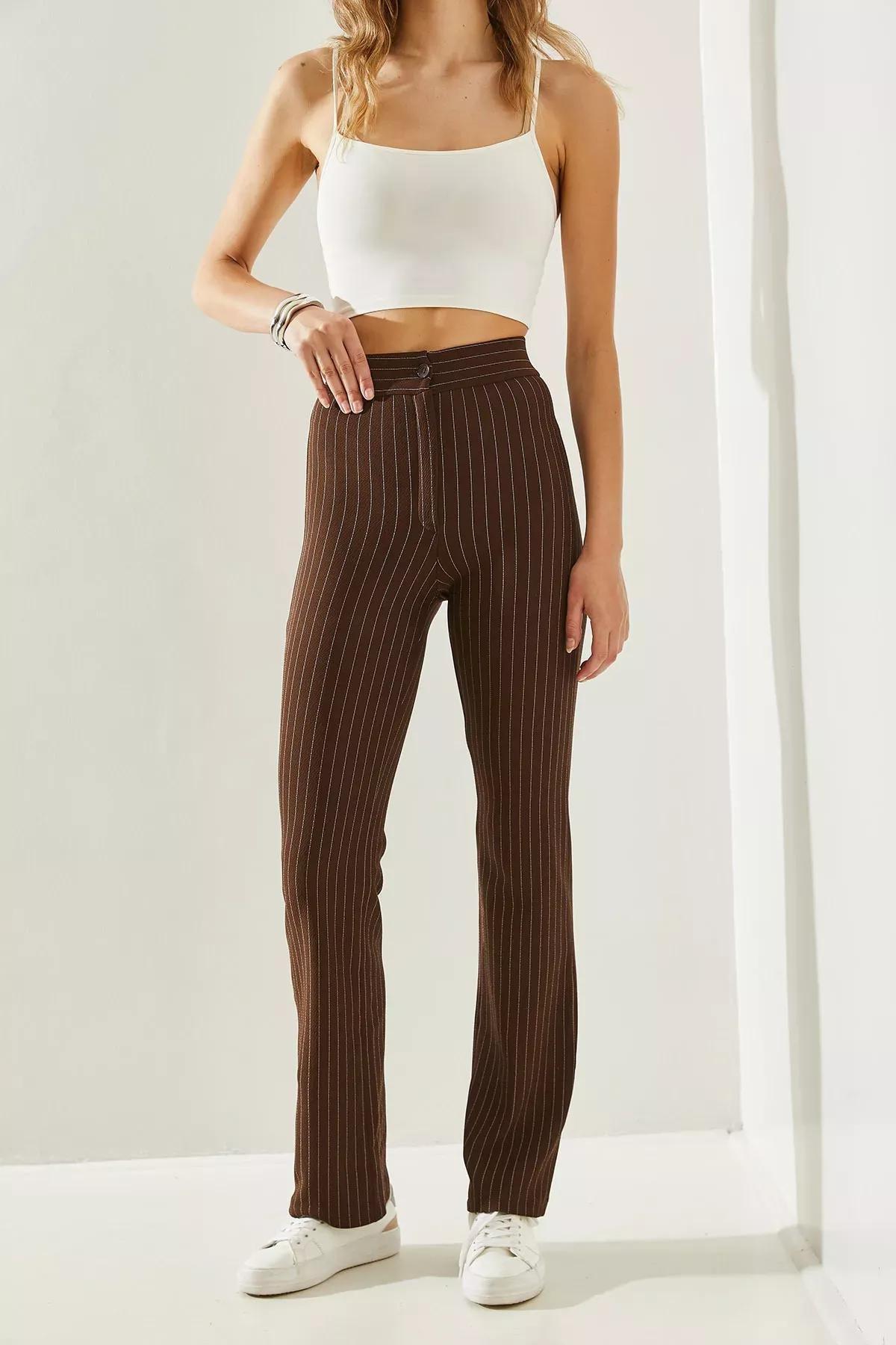 بنطال بالازو بنمط مخطط، بني, Brown, large image number 2