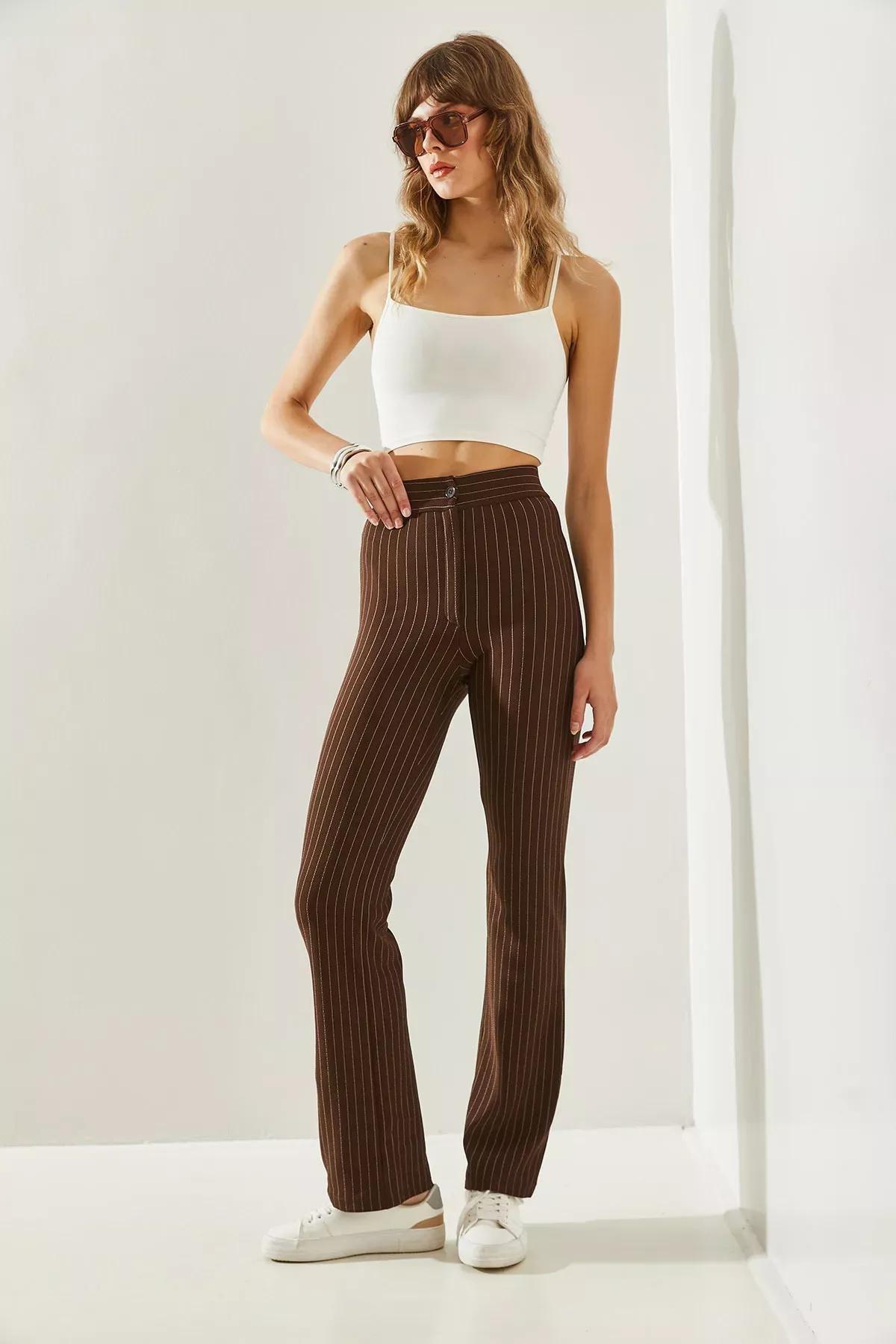 بنطال بالازو بنمط مخطط، بني, Brown, large image number 3