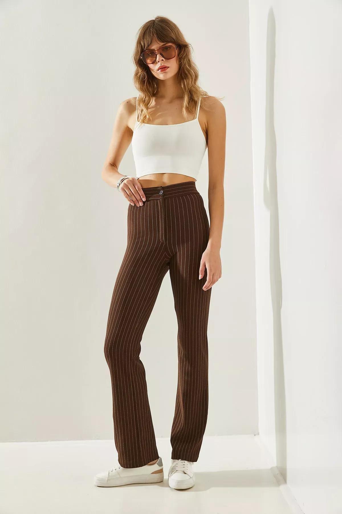 بنطال بالازو بنمط مخطط، بني, Brown, large image number 4
