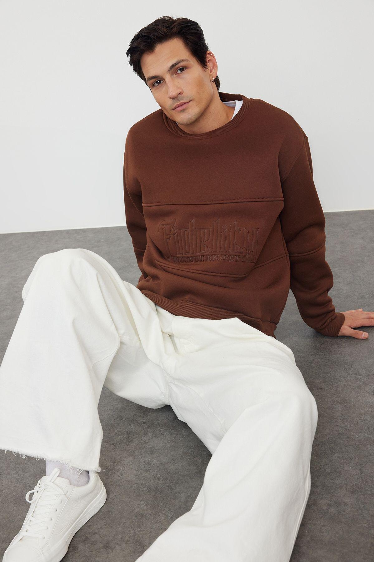 Brown Solid Casual Polar Fleece Hoodie, , large image number 1