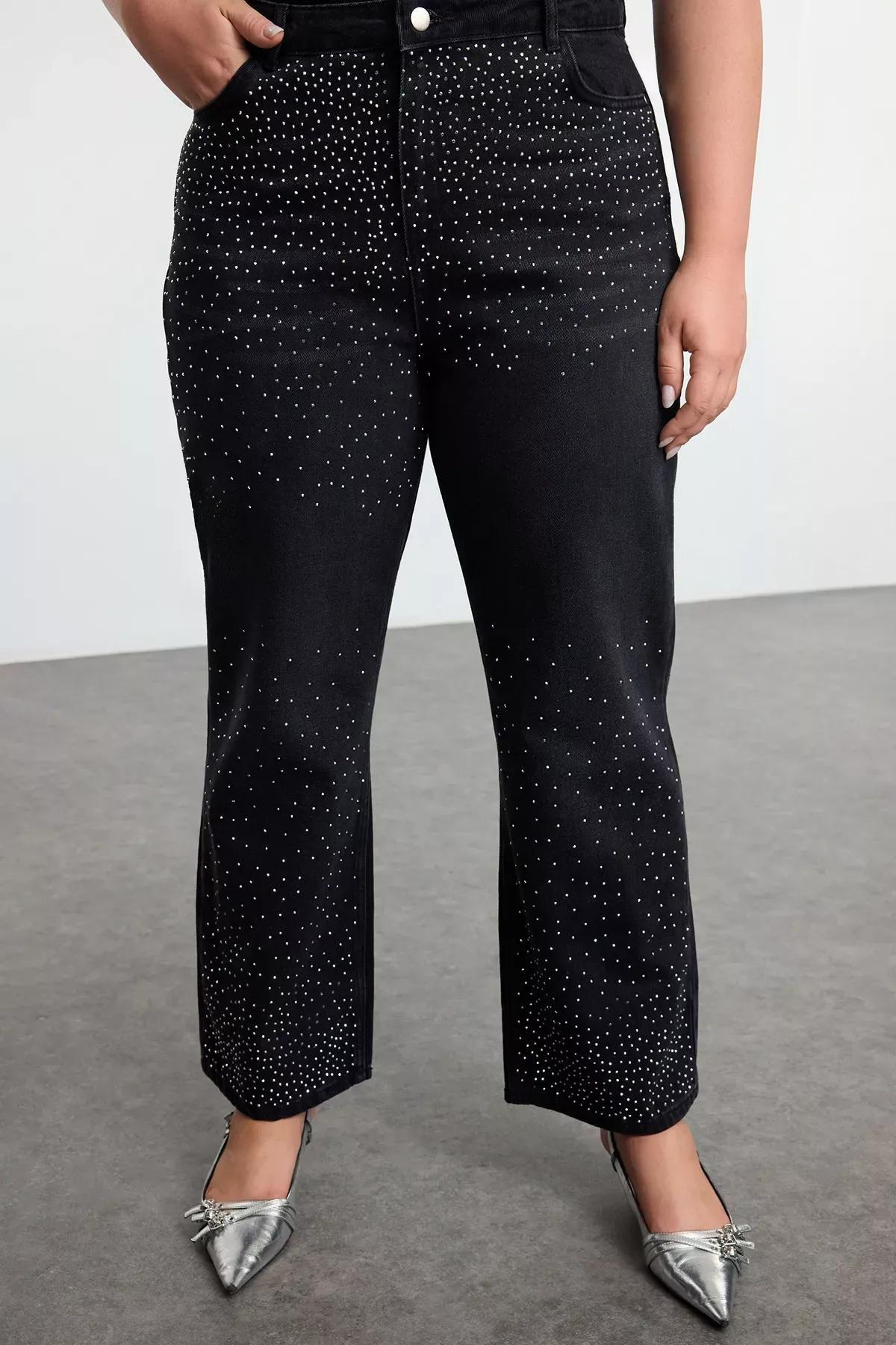 Grey High Waist Stoned Plus-Size Jeans, , large image number 0