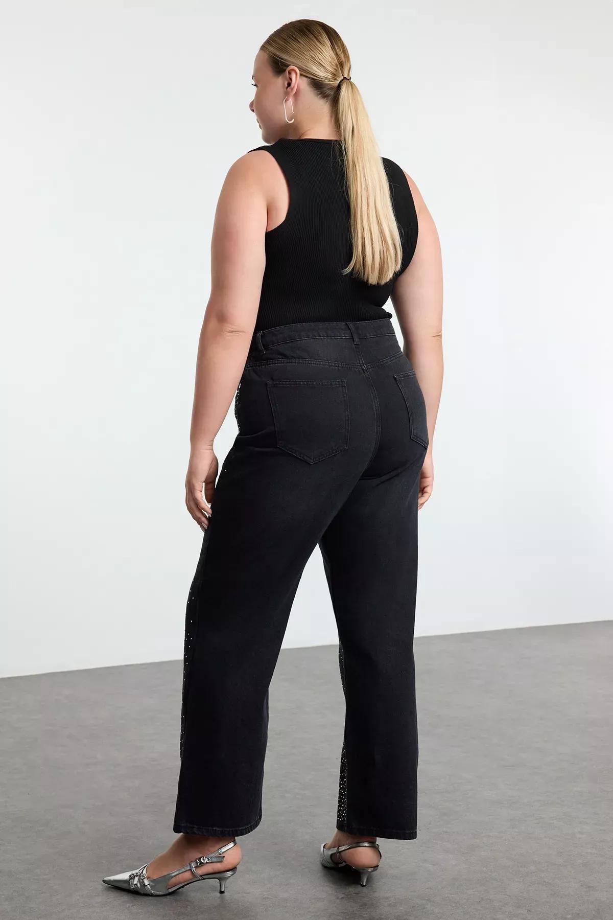 Grey High Waist Stoned Plus-Size Jeans, , large image number 4