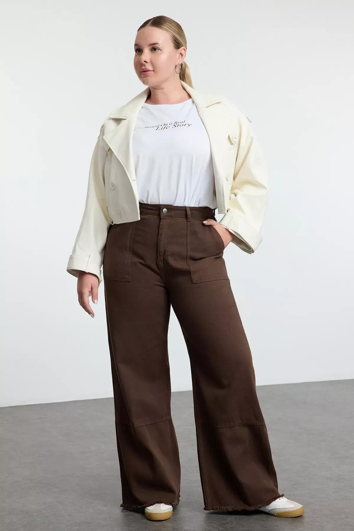 Brown high waist wide jeans, , large image number 0