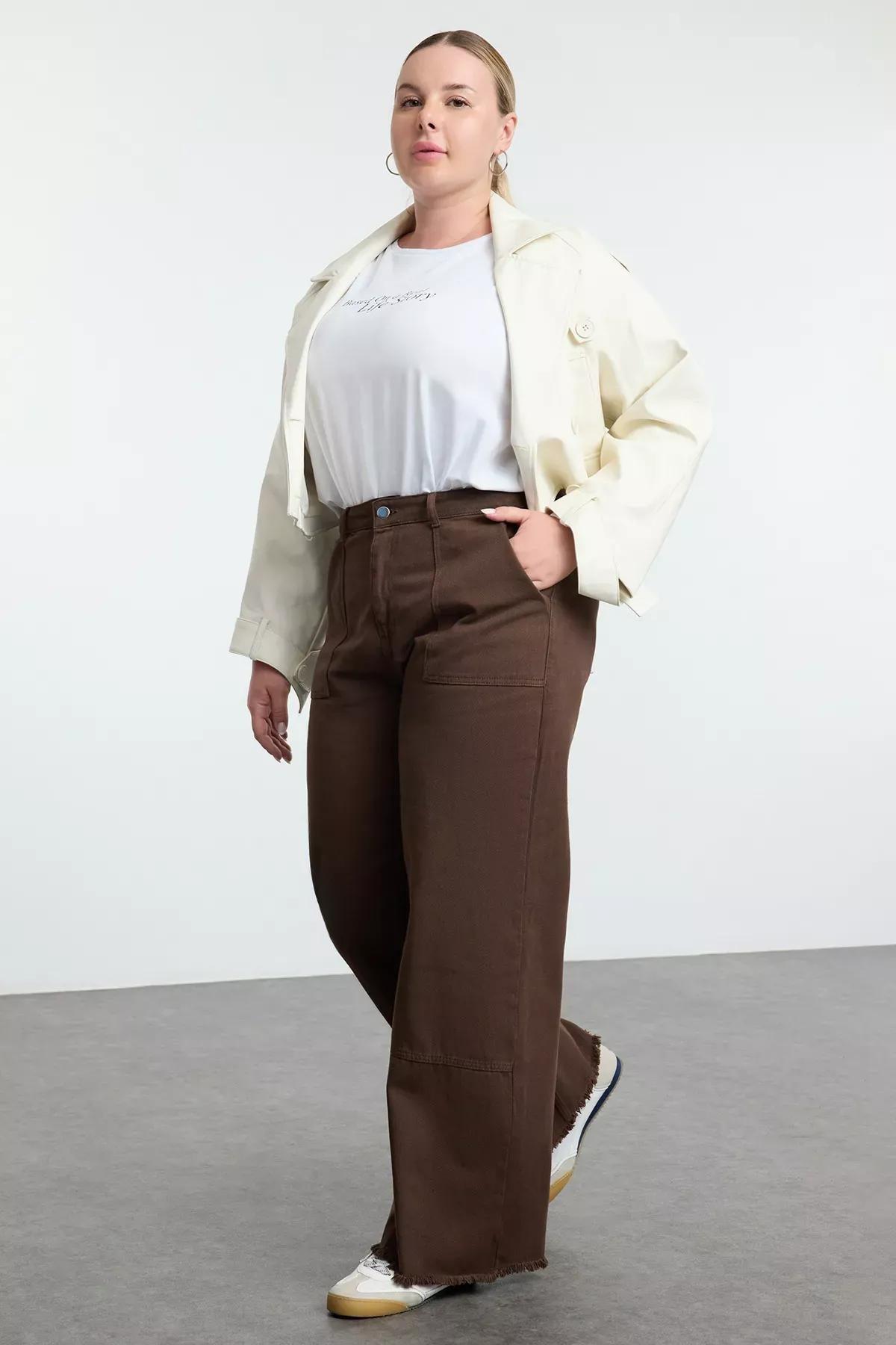 Brown high waist wide jeans, , large image number 1