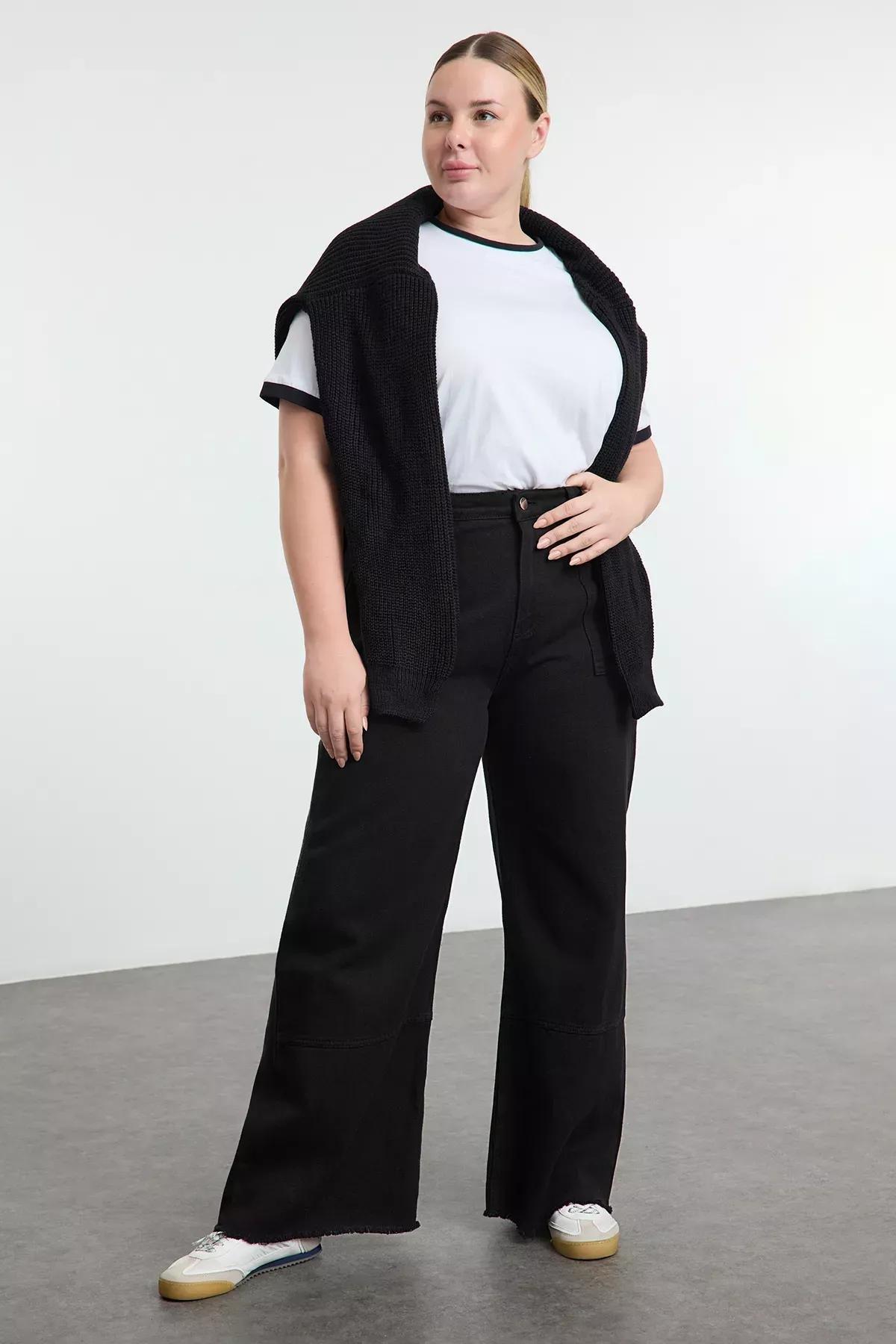 Black High Waist Wide Leg Plus-Size Jeans, BLACK, large image number 0