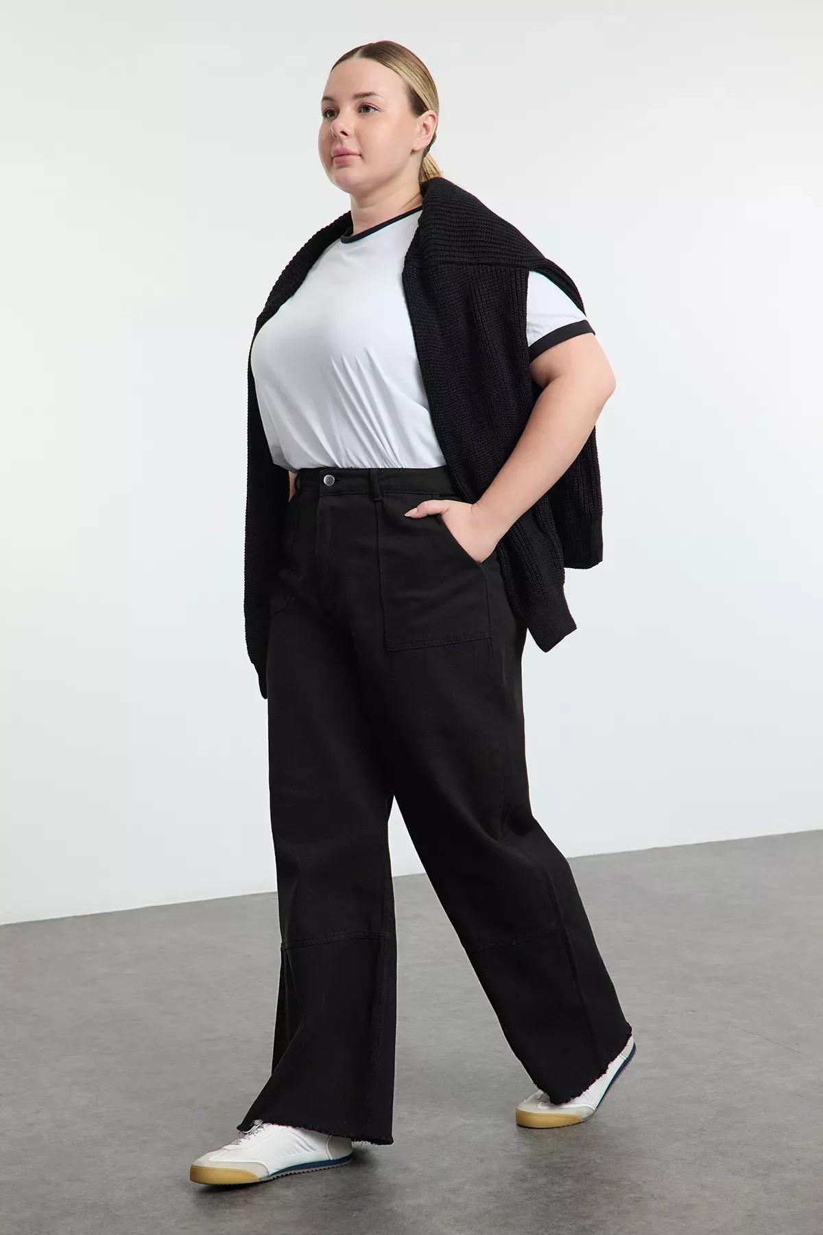Black High Waist Wide Leg Plus-Size Jeans, BLACK, large image number 1