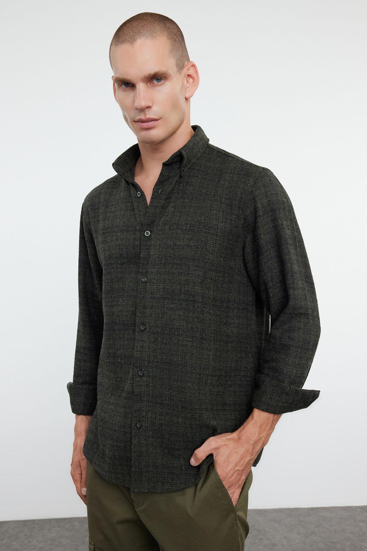 Khaki Regular Fit Textured Winter Flannel Shirt TMNAW25GO00004, , large image number 1