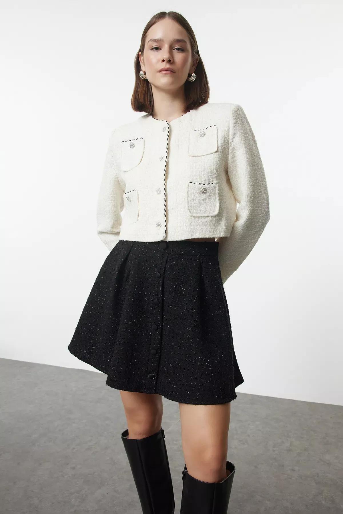 Black Flared Tweed Mini Skirt, BLACK, medium