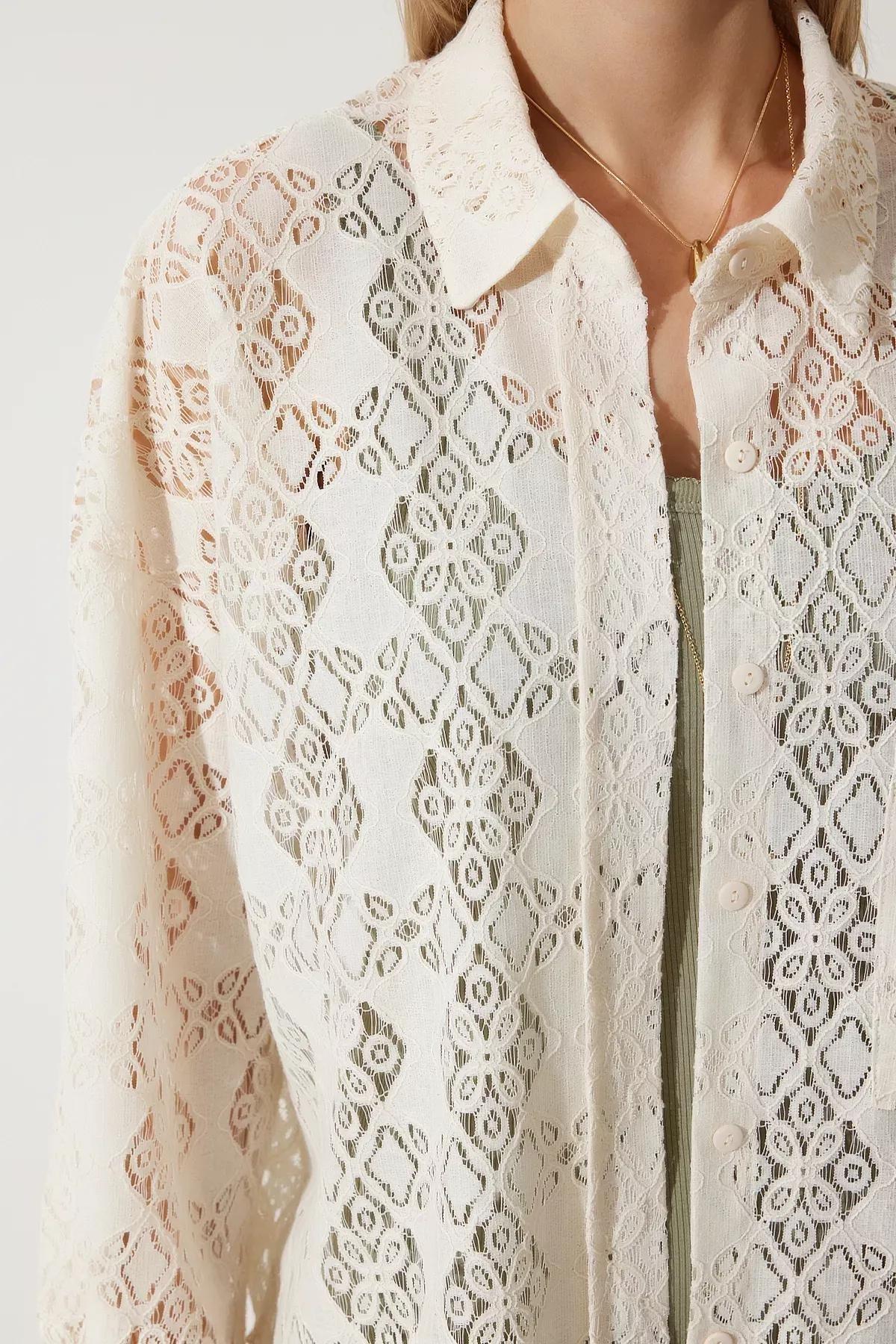 Cream Lace Details Overshirt, Cream, large image number 4