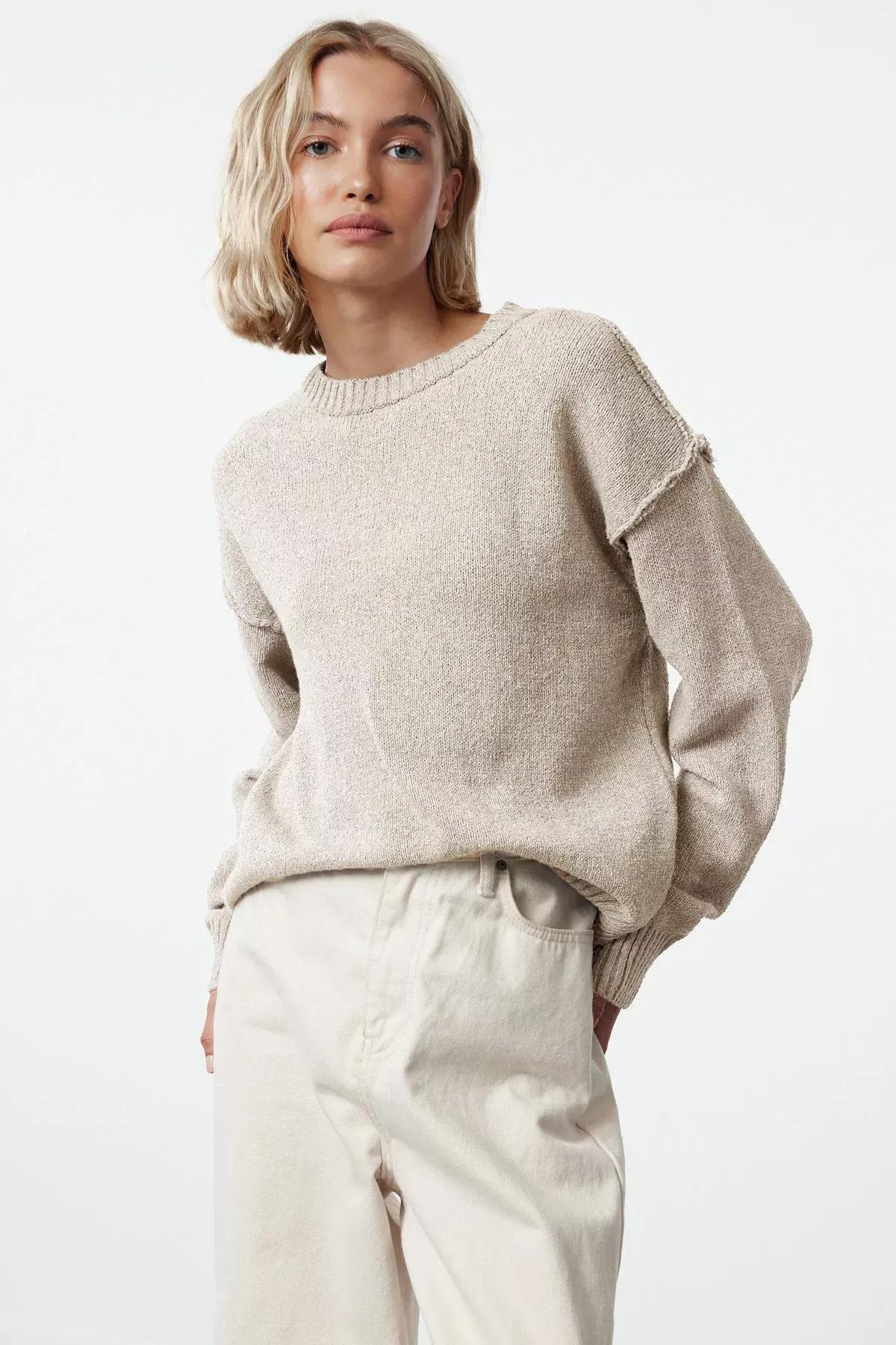 Beige Patterned Knitted Sweater, STONE, large image number 0