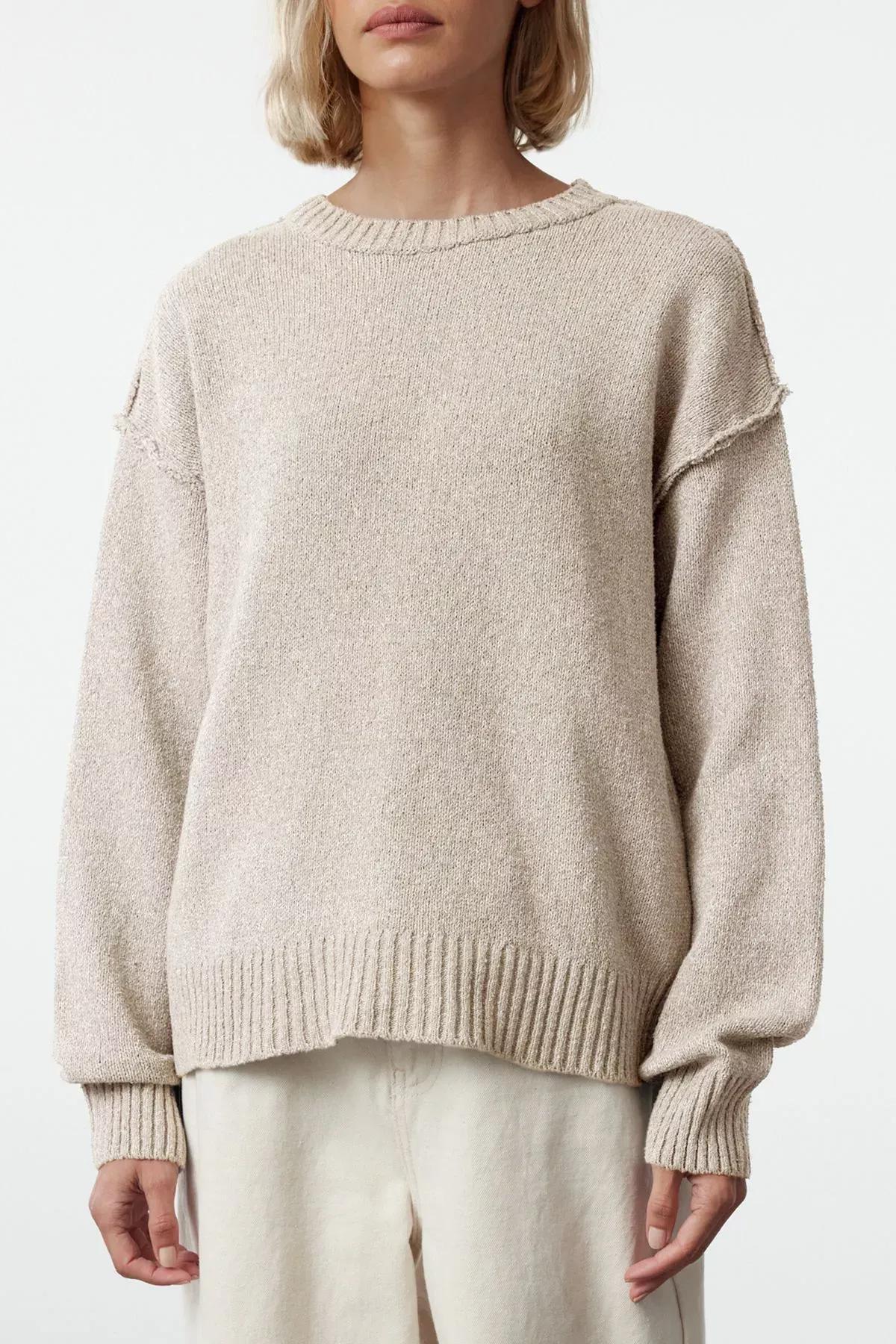 Beige Patterned Knitted Sweater, STONE, large image number 3