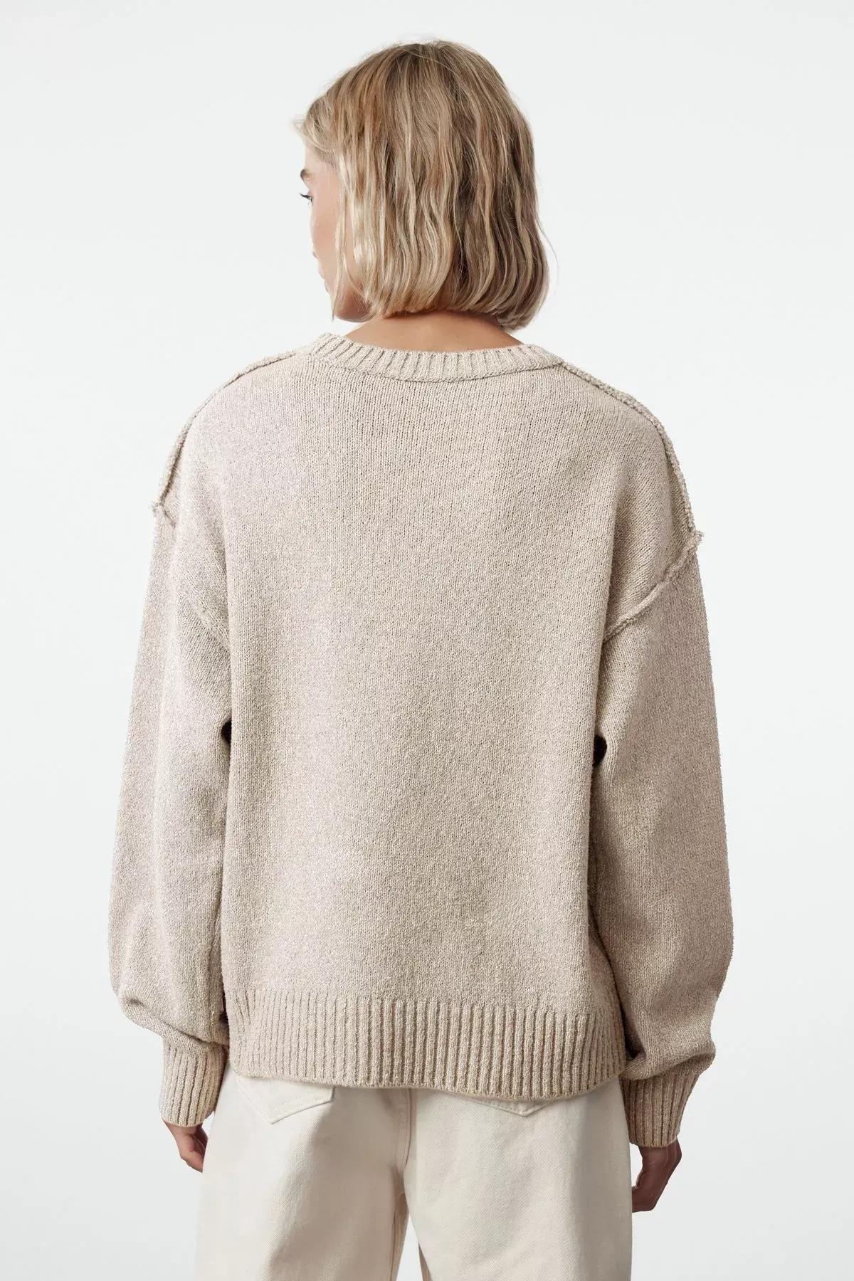 Beige Patterned Knitted Sweater, STONE, large image number 4