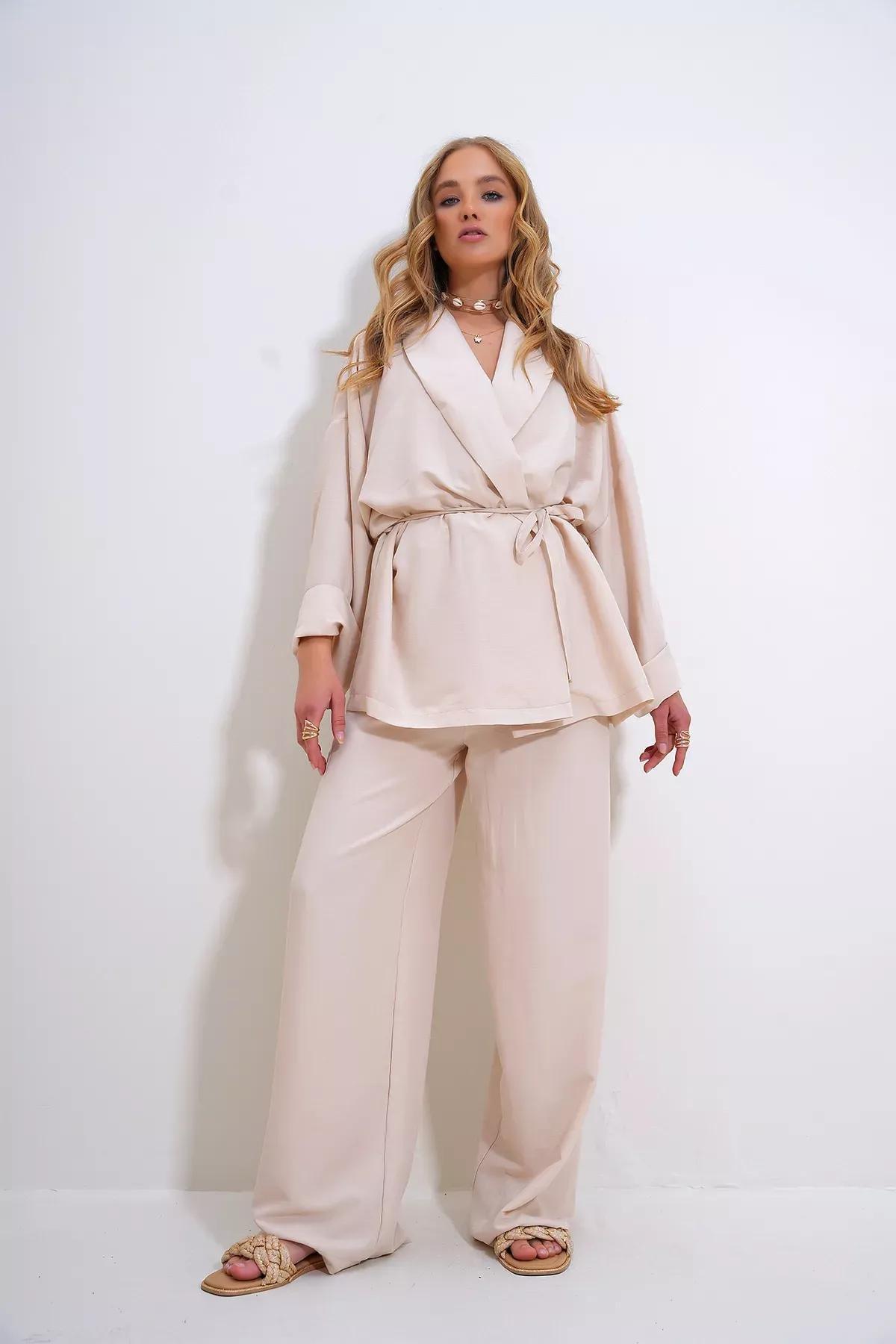 Cream wrinkled blazer jacket set, , large image number 3