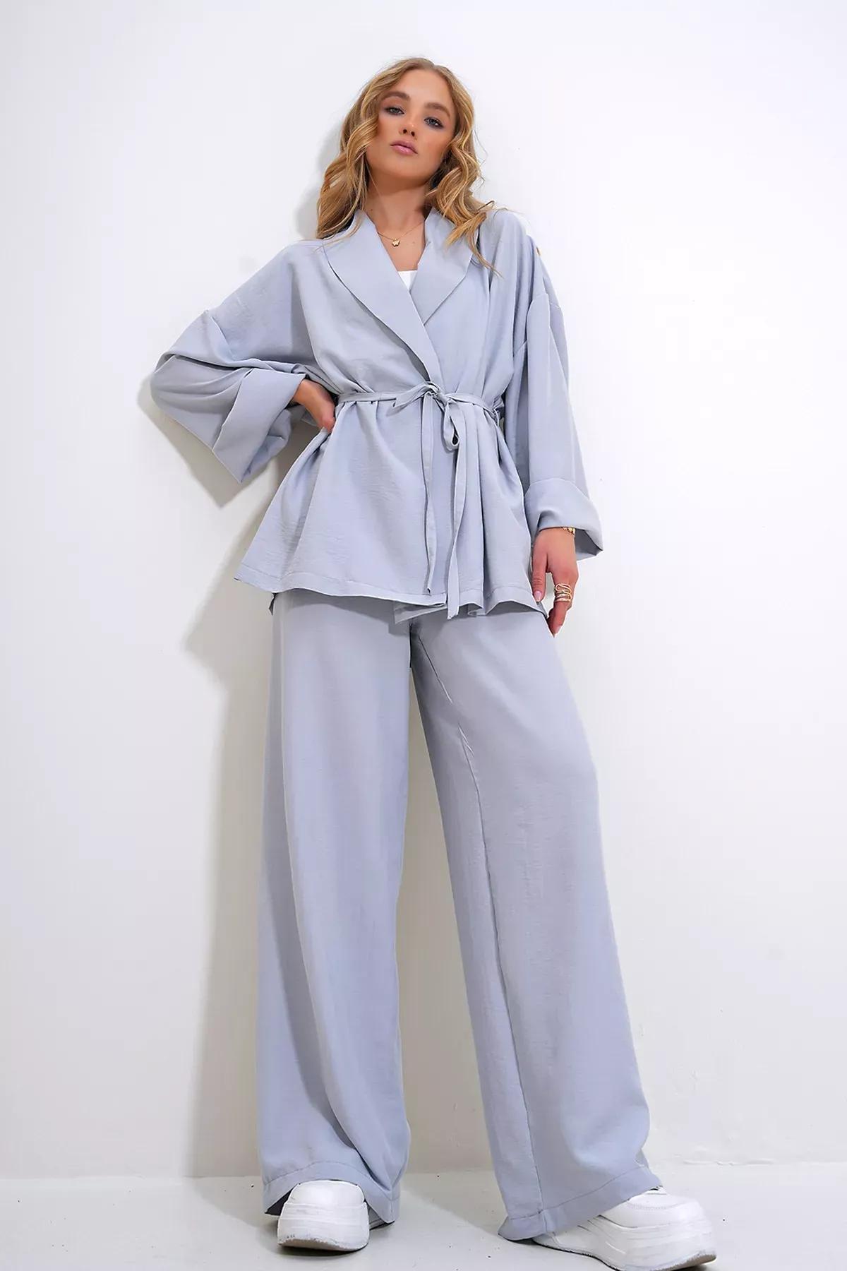 Grey Wrinkled Blazer Set, , large image number 0