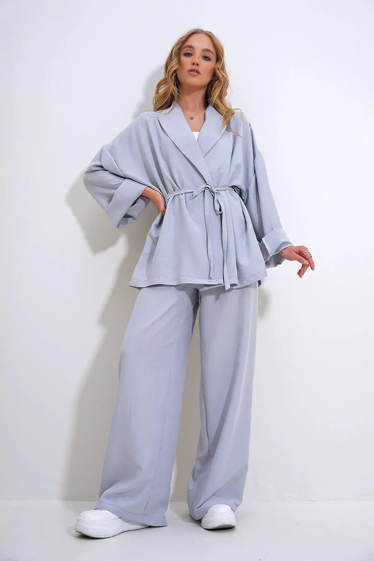 Grey Wrinkled Blazer Set, , large image number 1