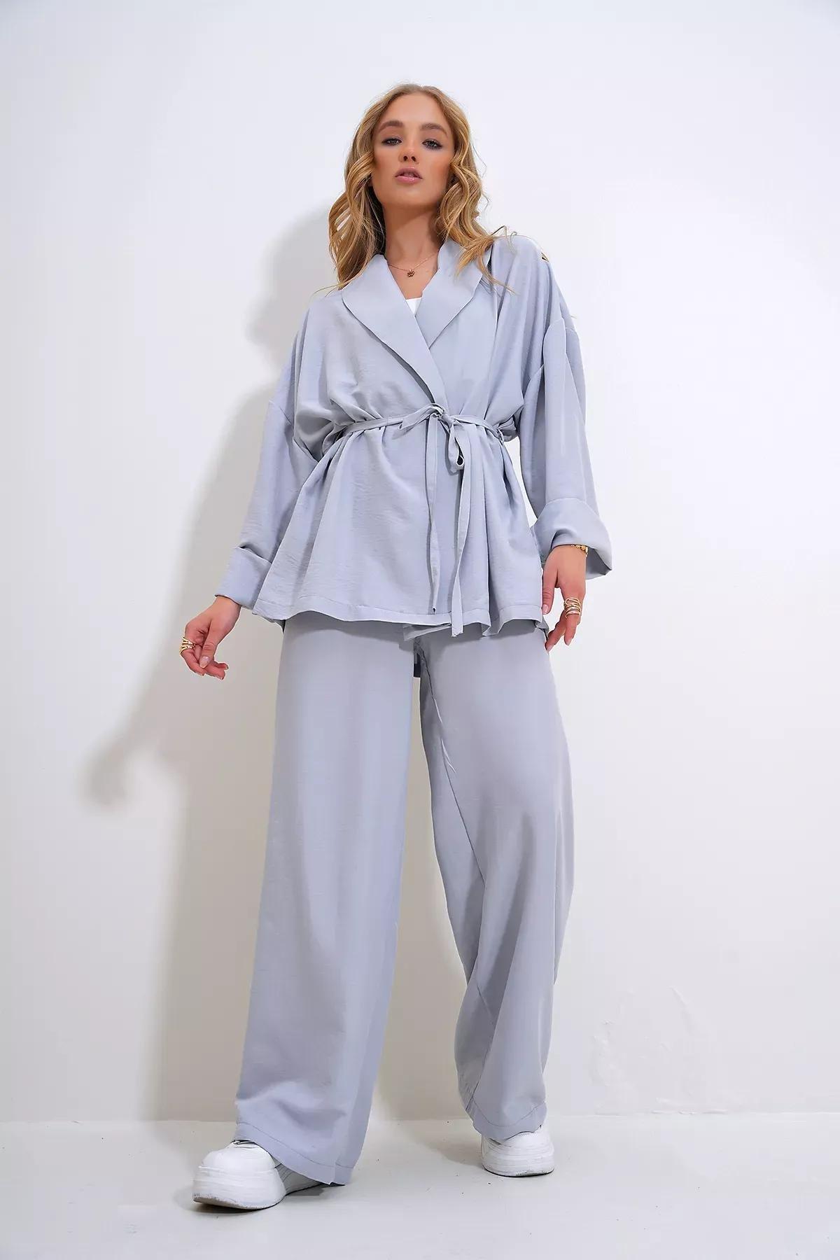 Grey Wrinkled Blazer Set, , large image number 3