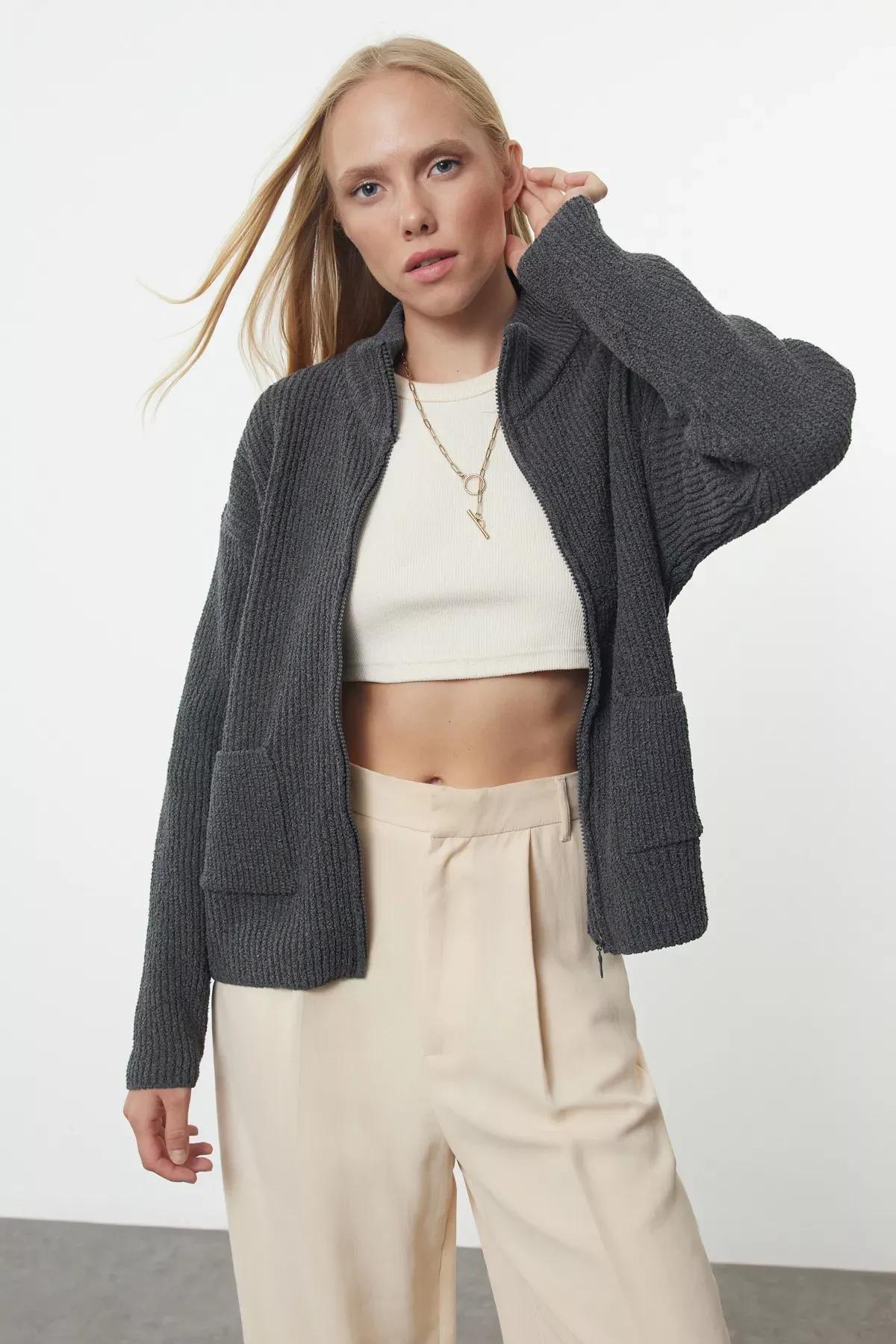 Grey More Sustainable Wide Pattern Pocket Detailed Knitwear Cardigan, Anthracite, large image number 0