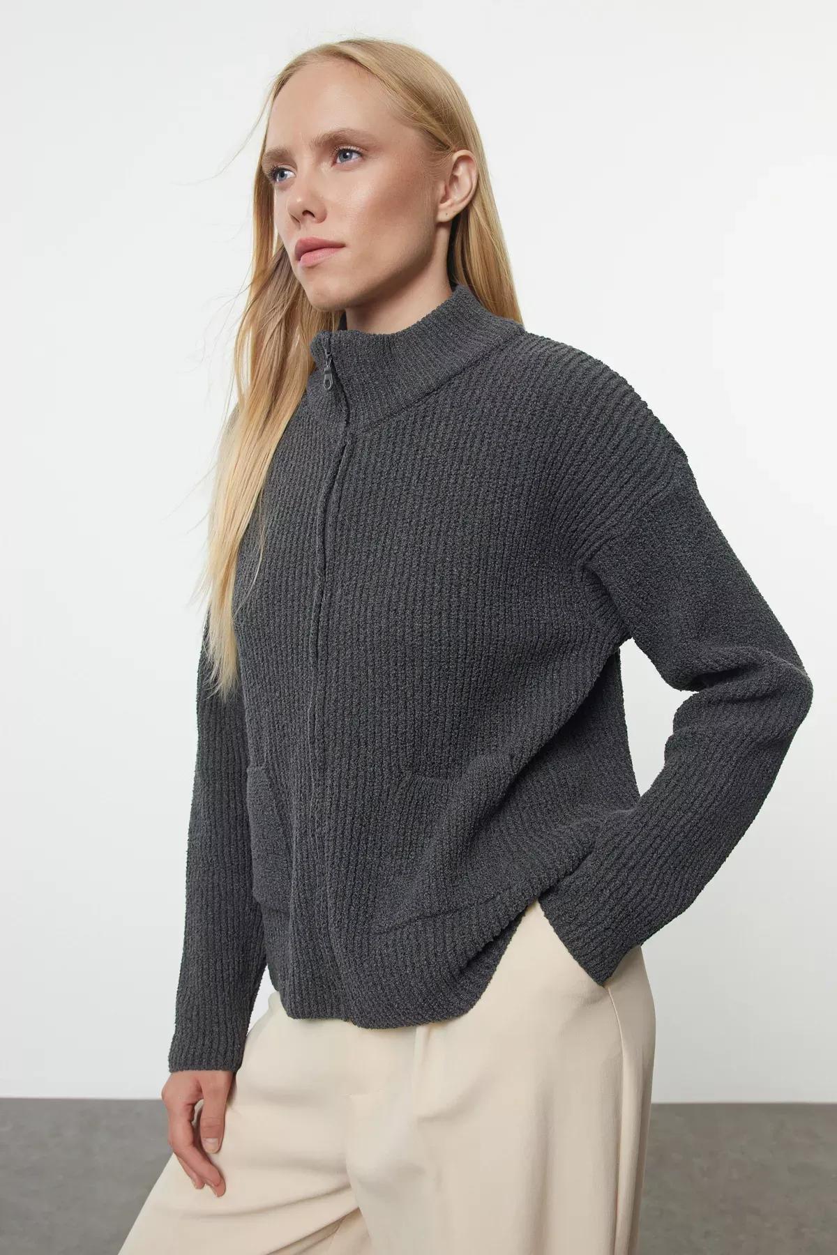 Grey More Sustainable Wide Pattern Pocket Detailed Knitwear Cardigan, Anthracite, large image number 1