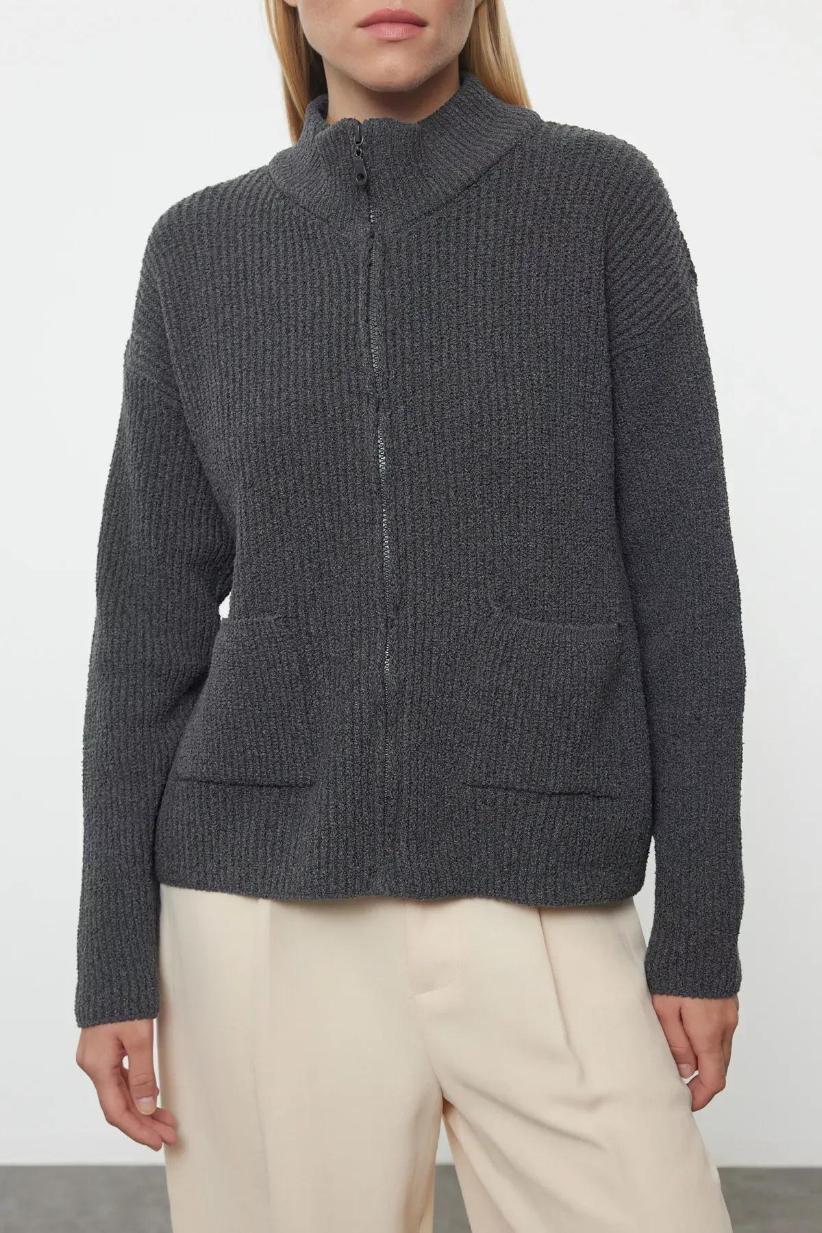 Grey More Sustainable Wide Pattern Pocket Detailed Knitwear Cardigan, Anthracite, large image number 2