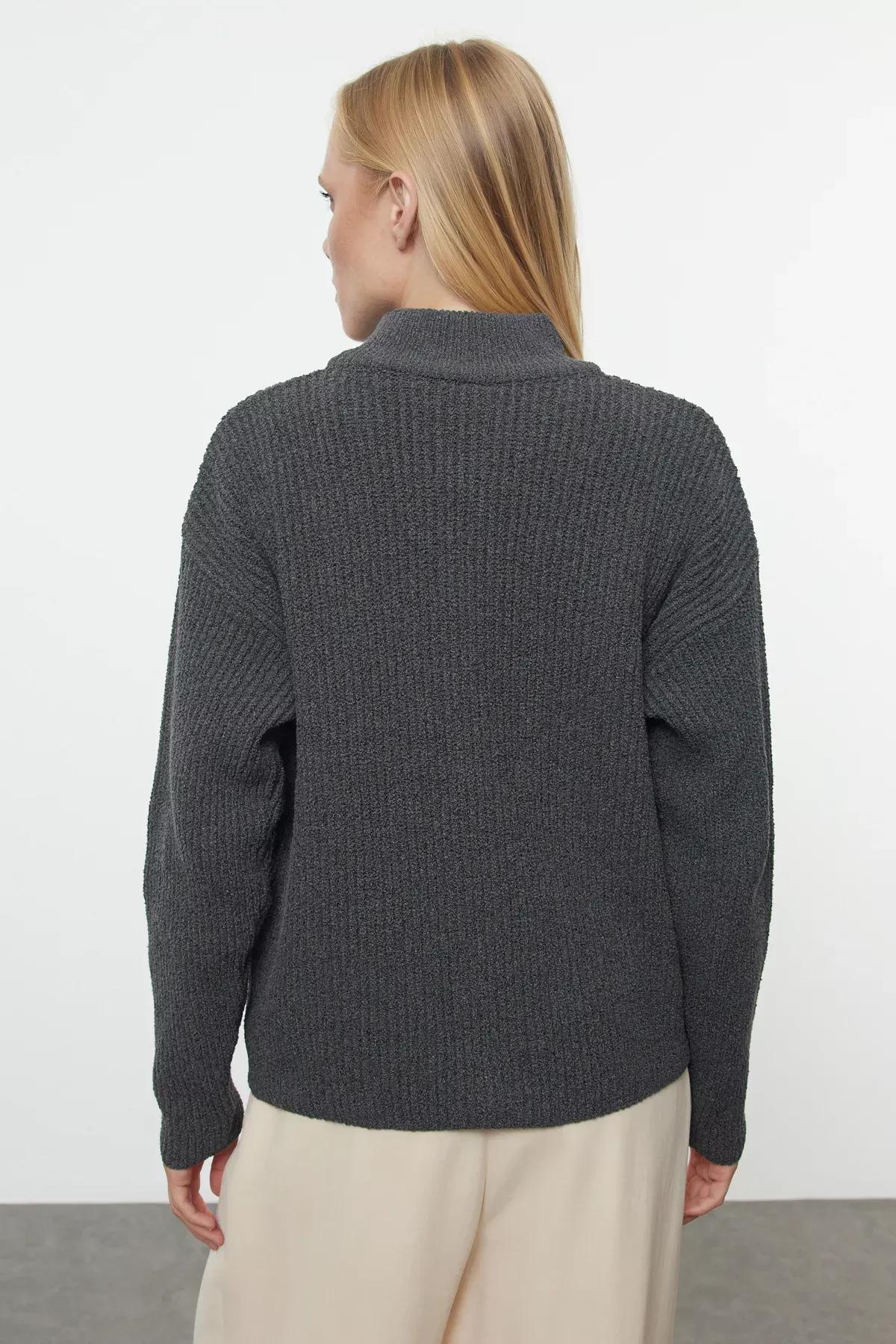 Grey More Sustainable Wide Pattern Pocket Detailed Knitwear Cardigan, Anthracite, large image number 4