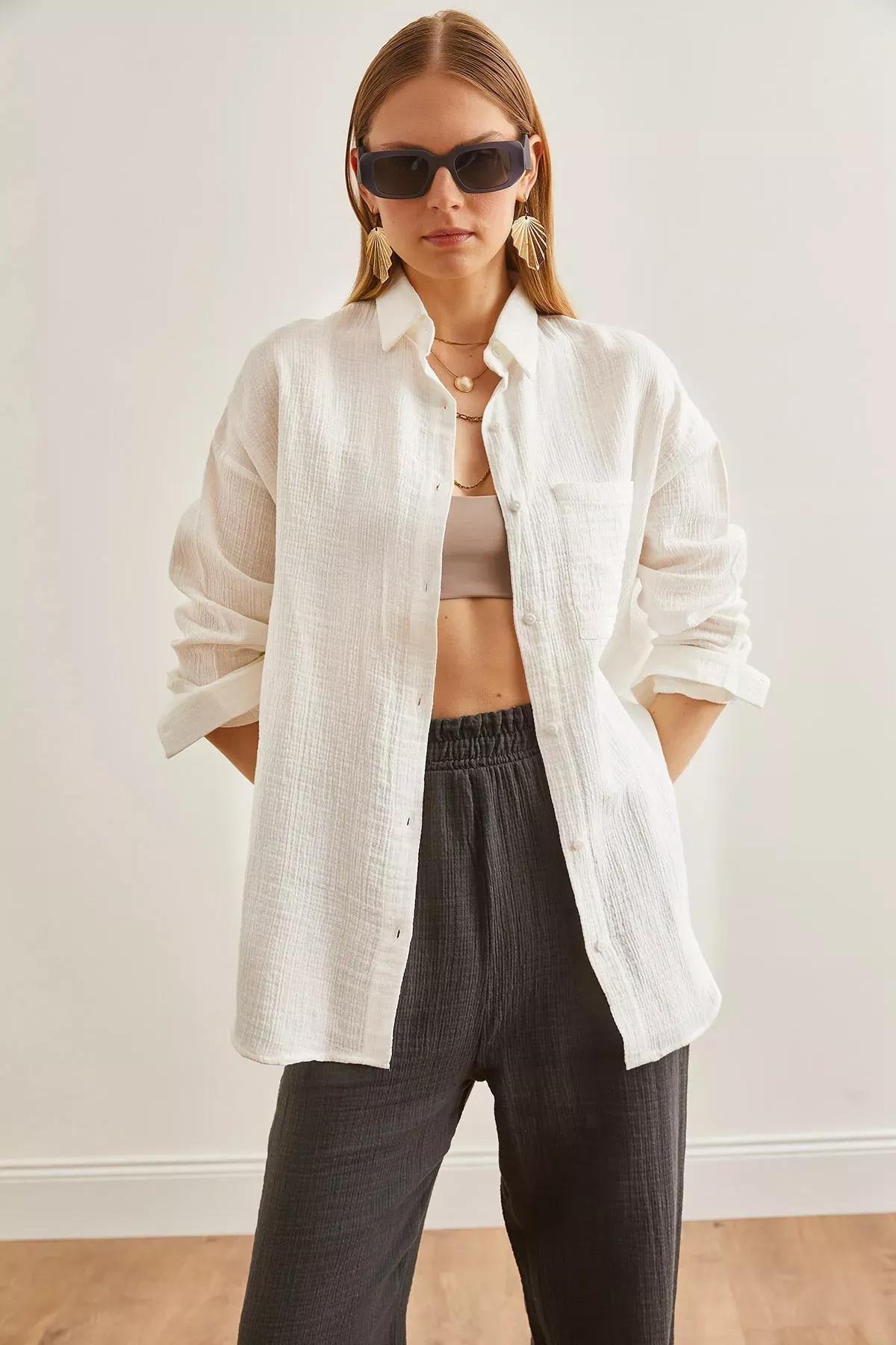 Beige Oversize Basic Shirt, Ecru, large image number 0