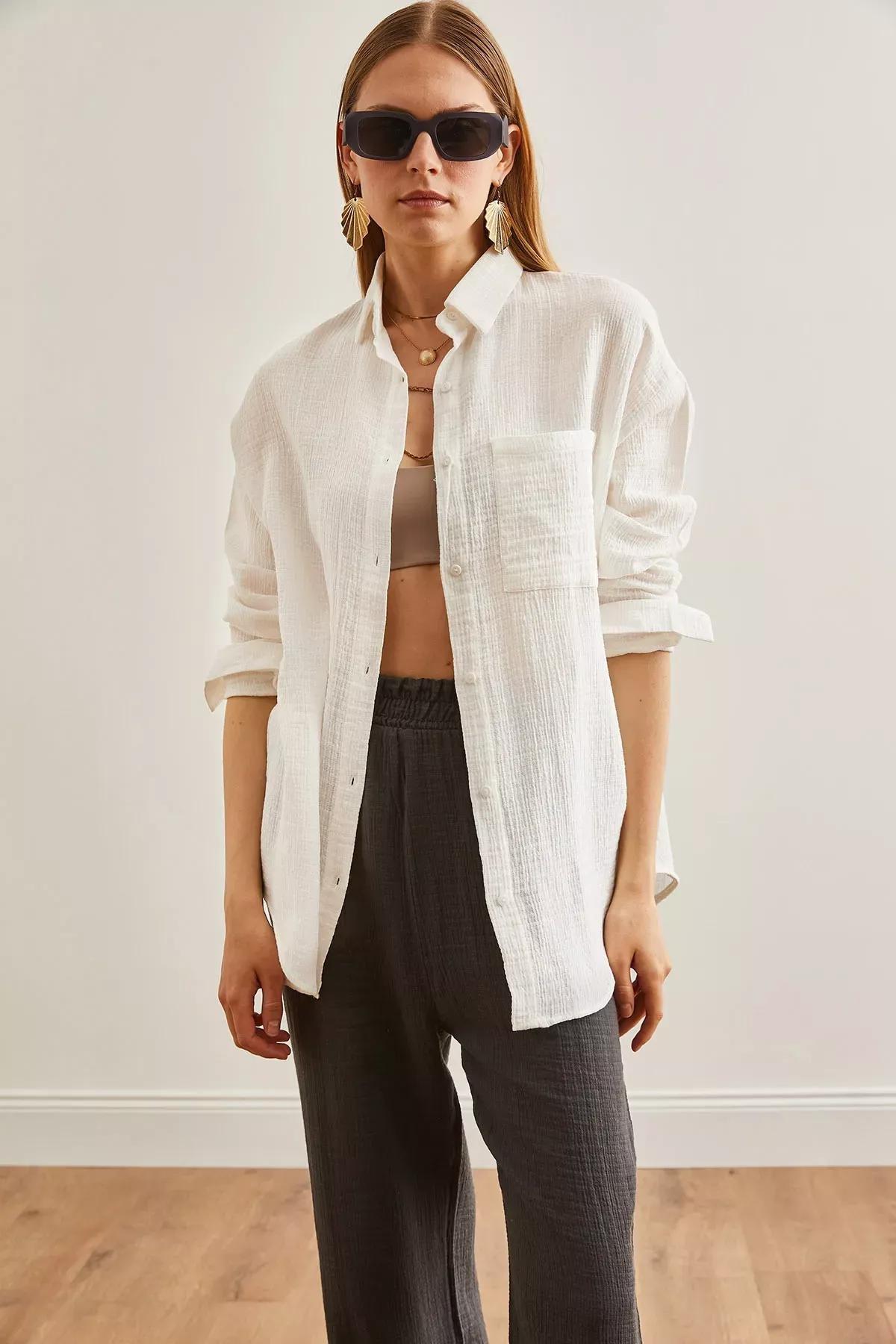 Beige Oversize Basic Shirt, Ecru, large image number 1