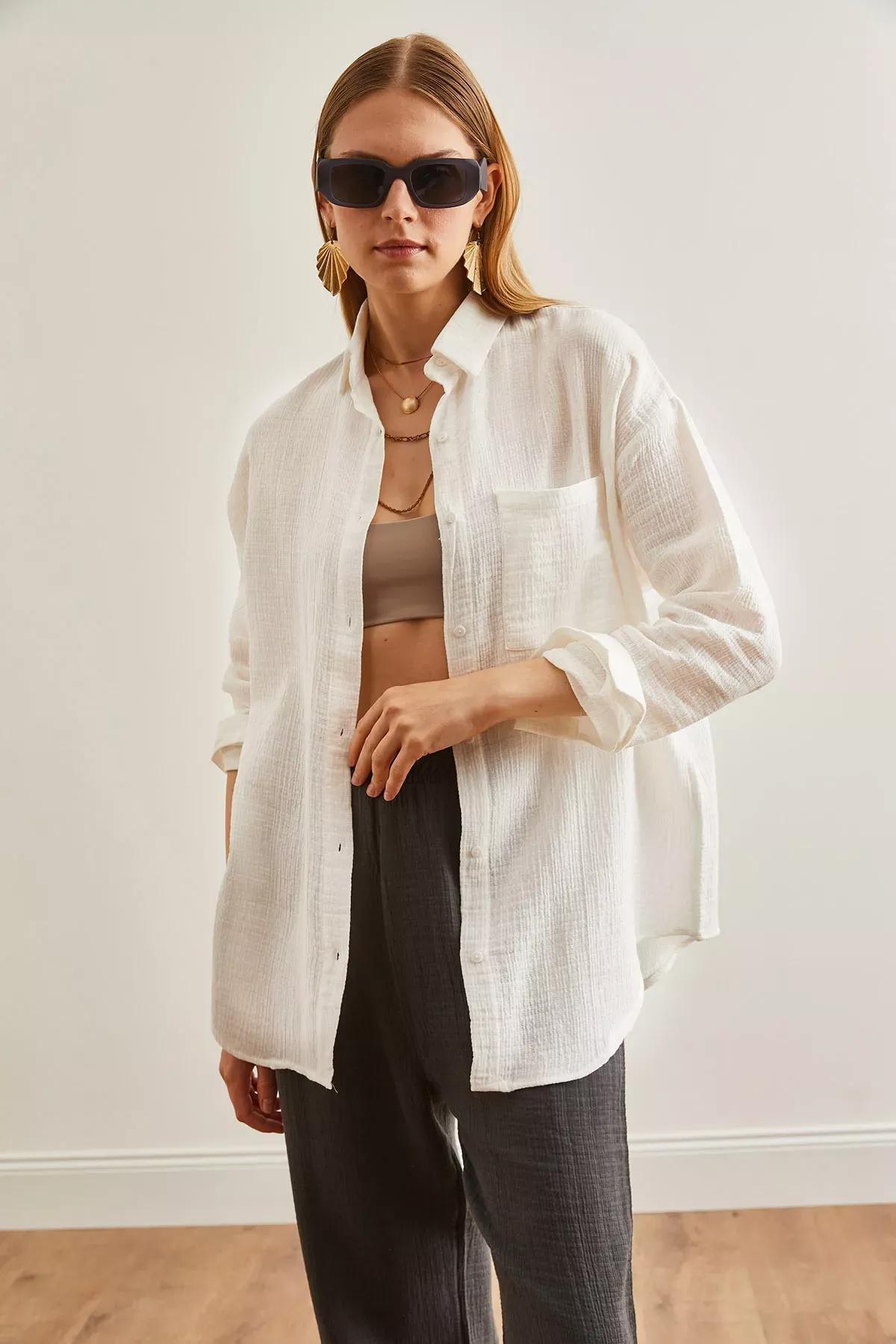 Beige Oversize Basic Shirt, Ecru, large image number 2