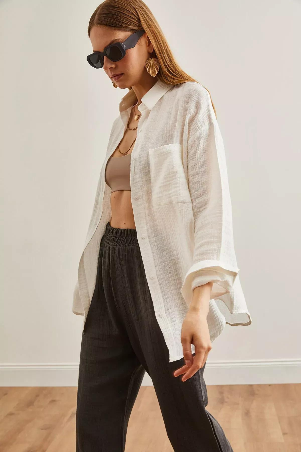 Beige Oversize Basic Shirt, Ecru, large image number 3
