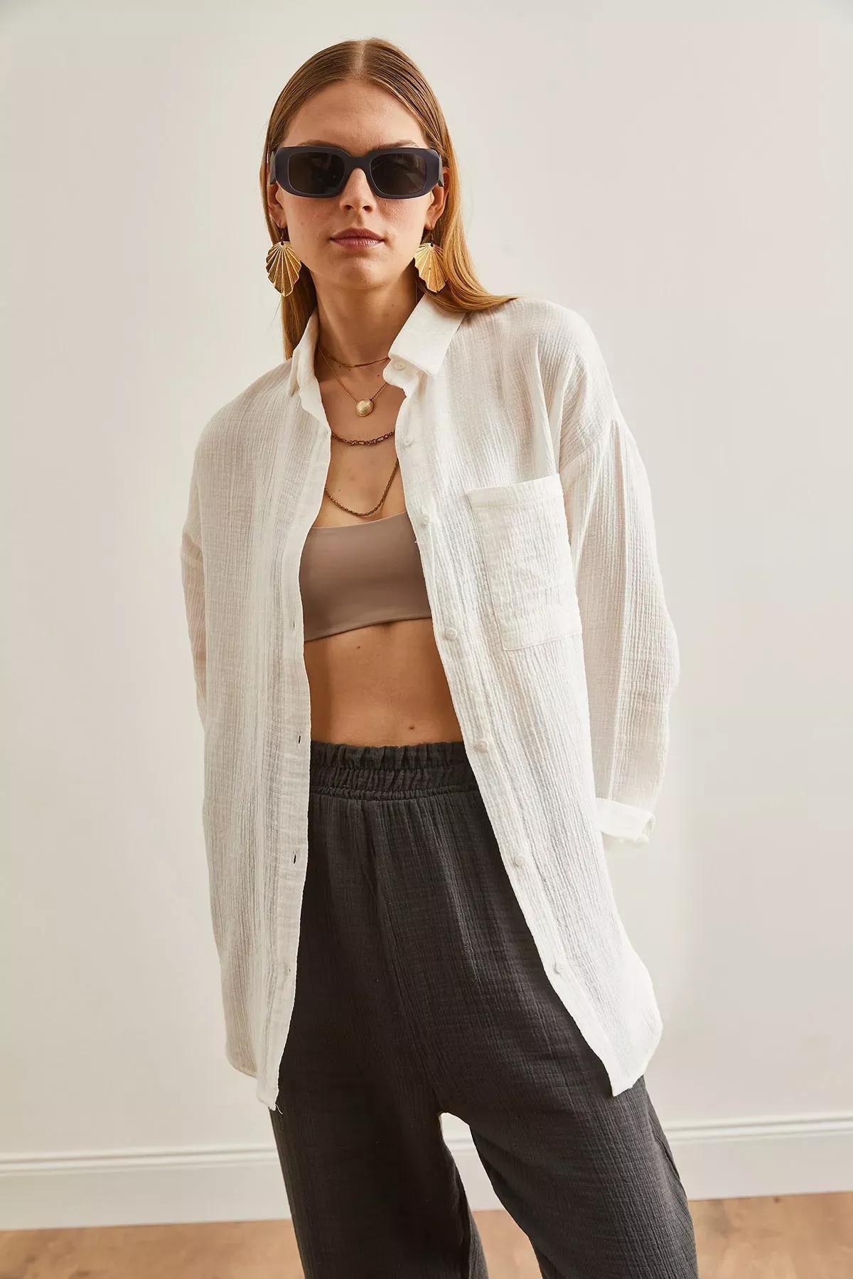 Beige Oversize Basic Shirt, Ecru, large image number 4