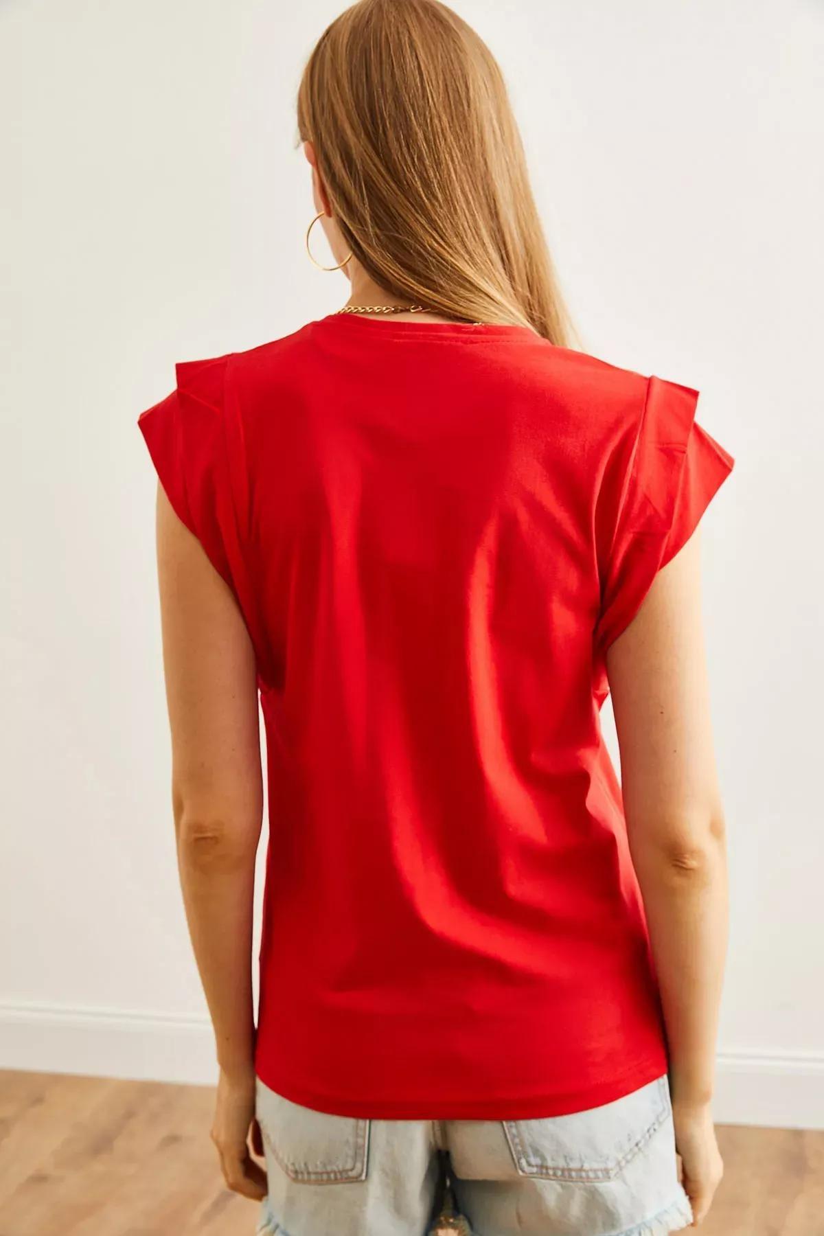 Red Sleeve Detailed T-Shirt, Red, large image number 1