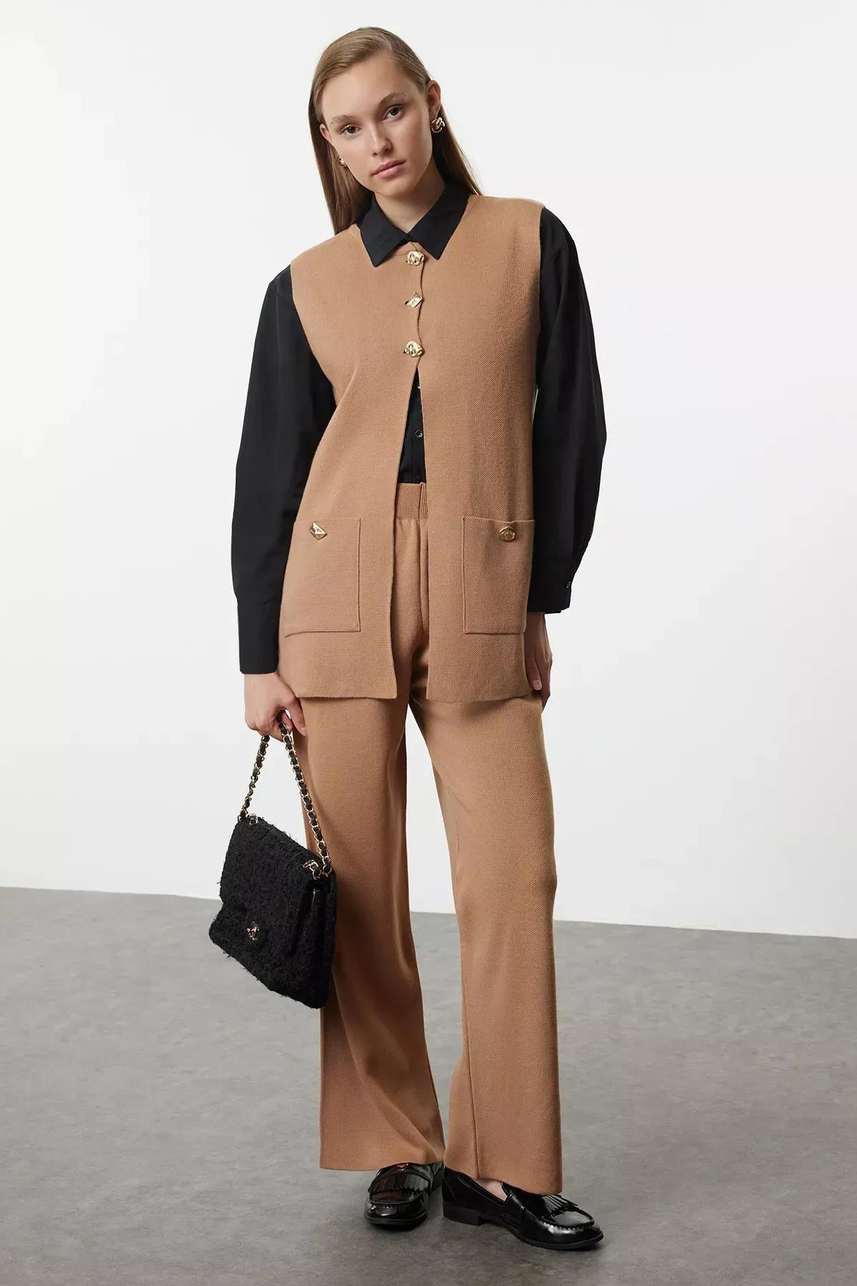 Camel Button Detailed Knitwear Vest Trousers Bottom-Top Set TCTAW25US00067, , large image number 0