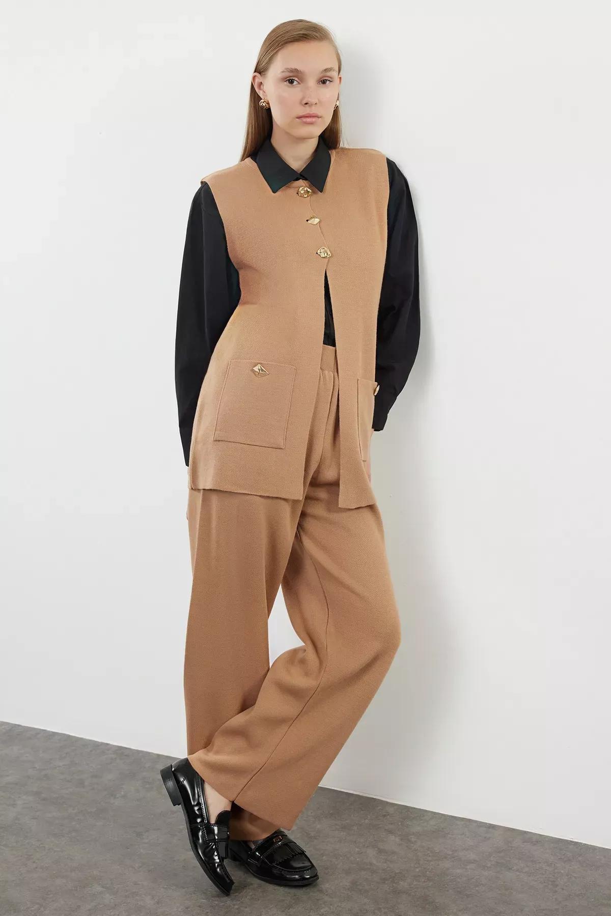 Camel Button Detailed Knitwear Vest Trousers Bottom-Top Set TCTAW25US00067, , large image number 1