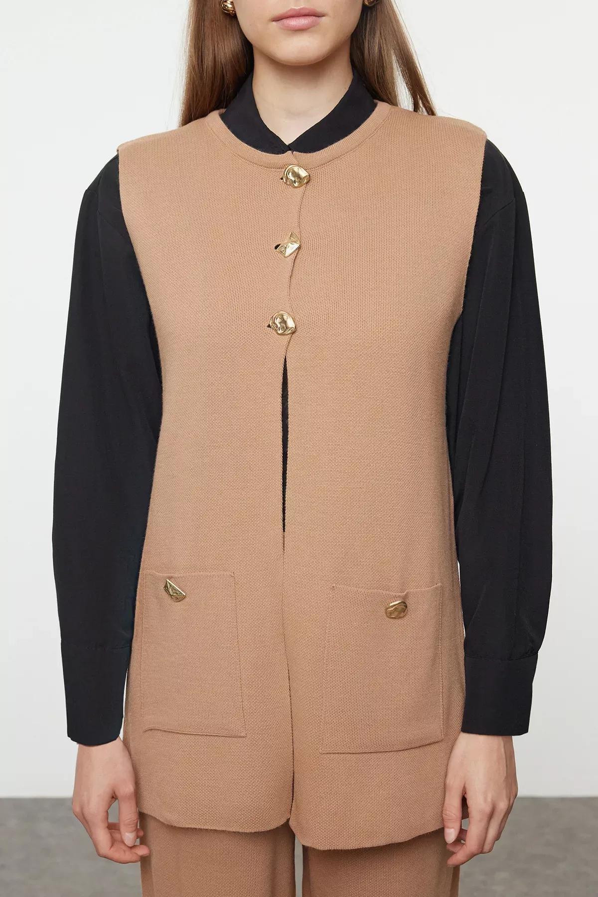 Camel Button Detailed Knitwear Vest Trousers Bottom-Top Set TCTAW25US00067, , large image number 2