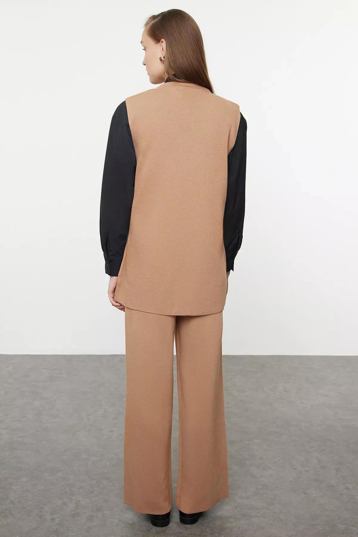Camel Button Detailed Knitwear Vest Trousers Bottom-Top Set TCTAW25US00067, , large image number 4