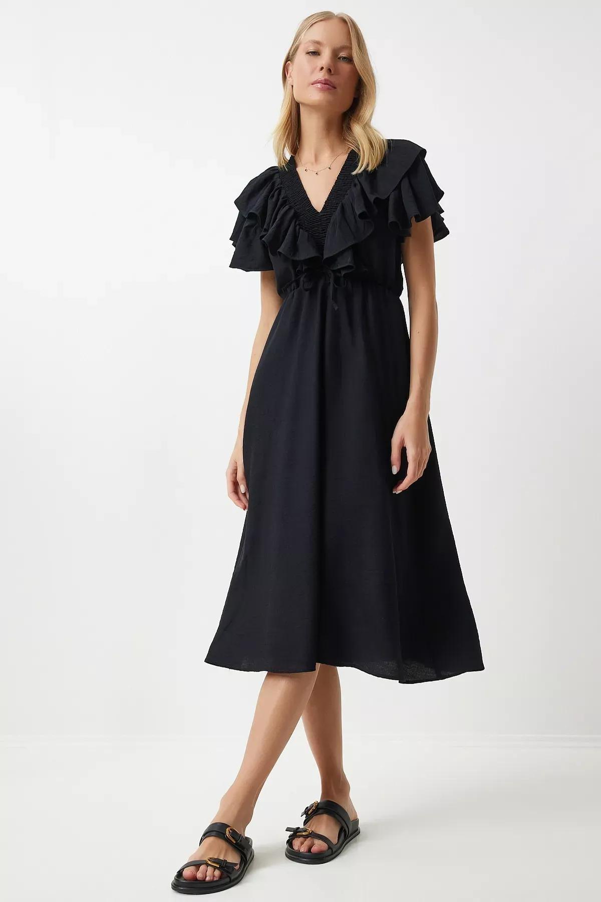 Black Frills Ruffle Midi Dress RV00196, , large image number 0