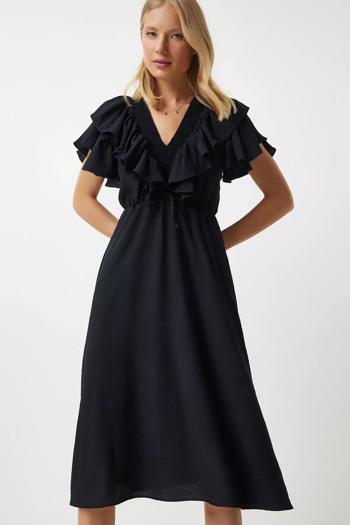 Black Frills Ruffle Midi Dress RV00196, , large image number 1