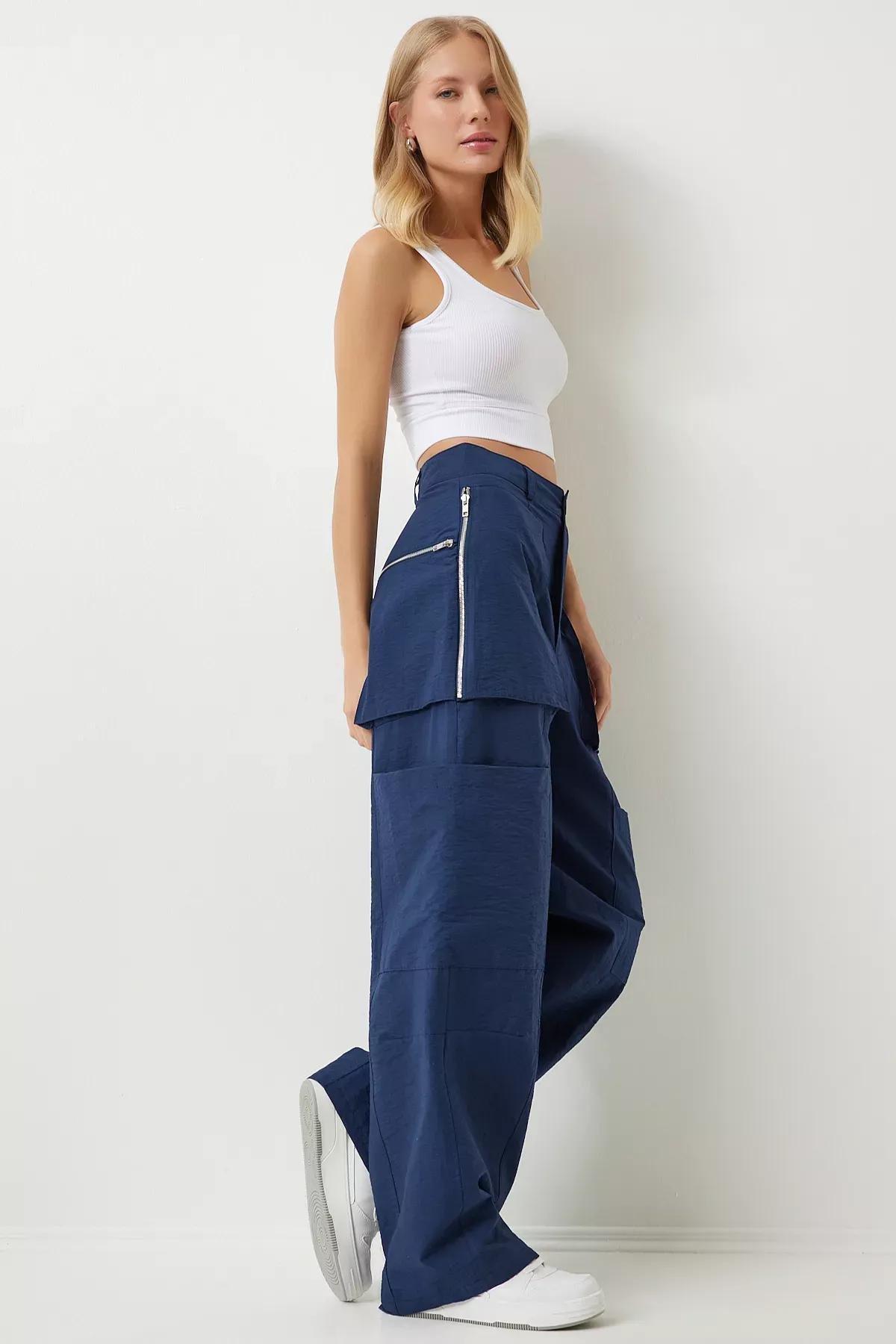 Womens Navy Blue Zippered Parachute Cargo Pants OH00057, Single item, , large image number 0