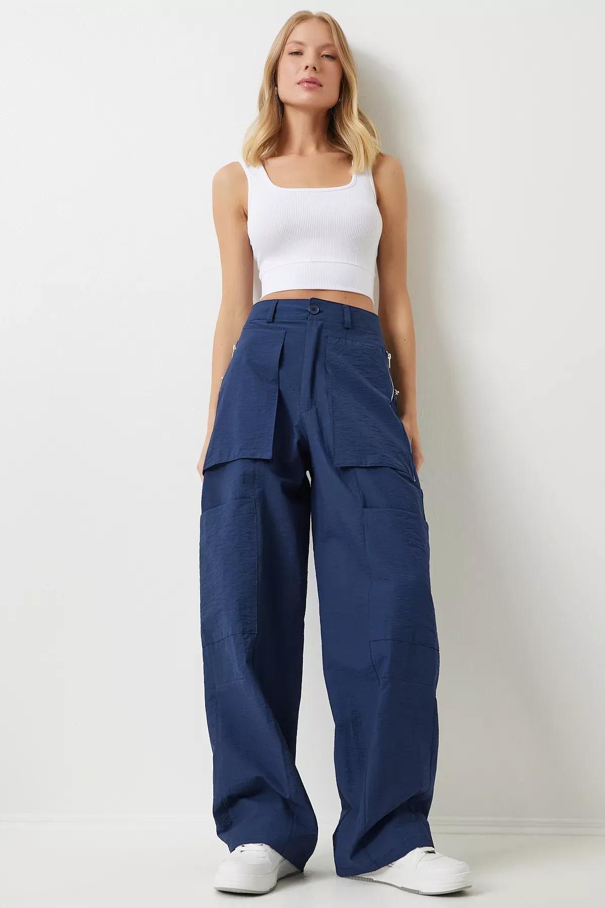 Womens Navy Blue Zippered Parachute Cargo Pants OH00057, Single item, , large image number 1