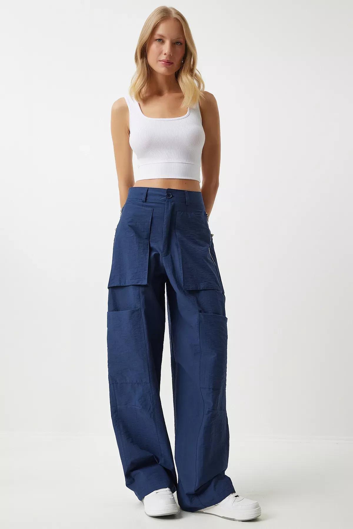 Womens Navy Blue Zippered Parachute Cargo Pants OH00057, Single item, , large image number 2