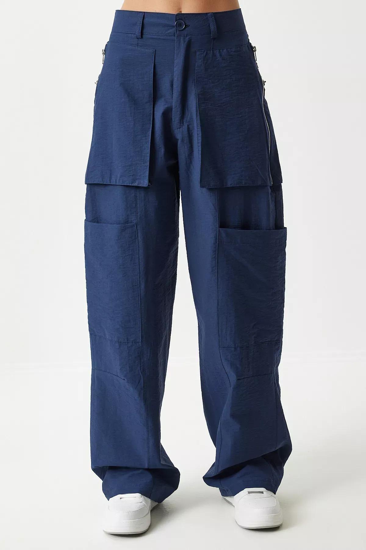 Womens Navy Blue Zippered Parachute Cargo Pants OH00057, Single item, , large image number 3