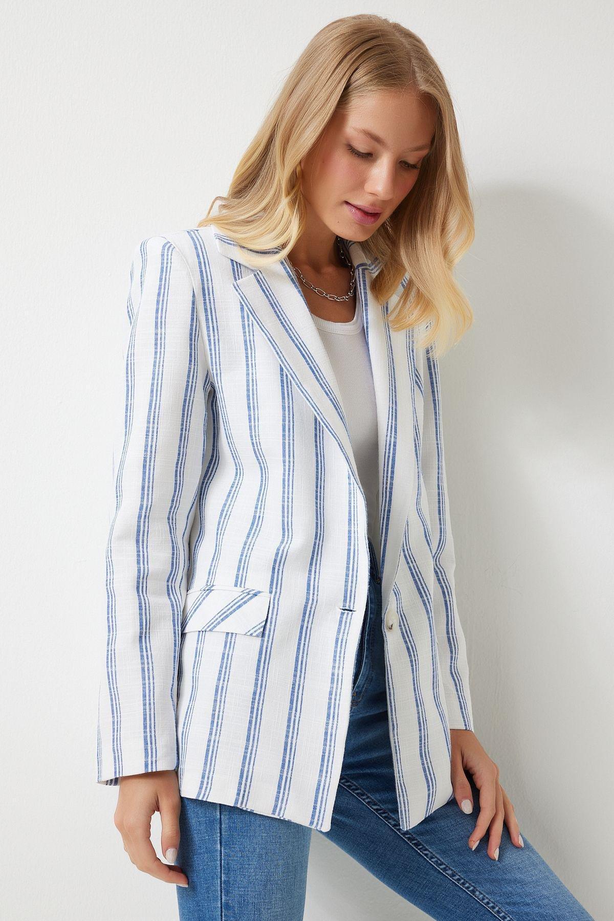 Womens Ecru Blue Striped Padded Linen Blend Blazer Jacket GP00006, single, , large image number 0
