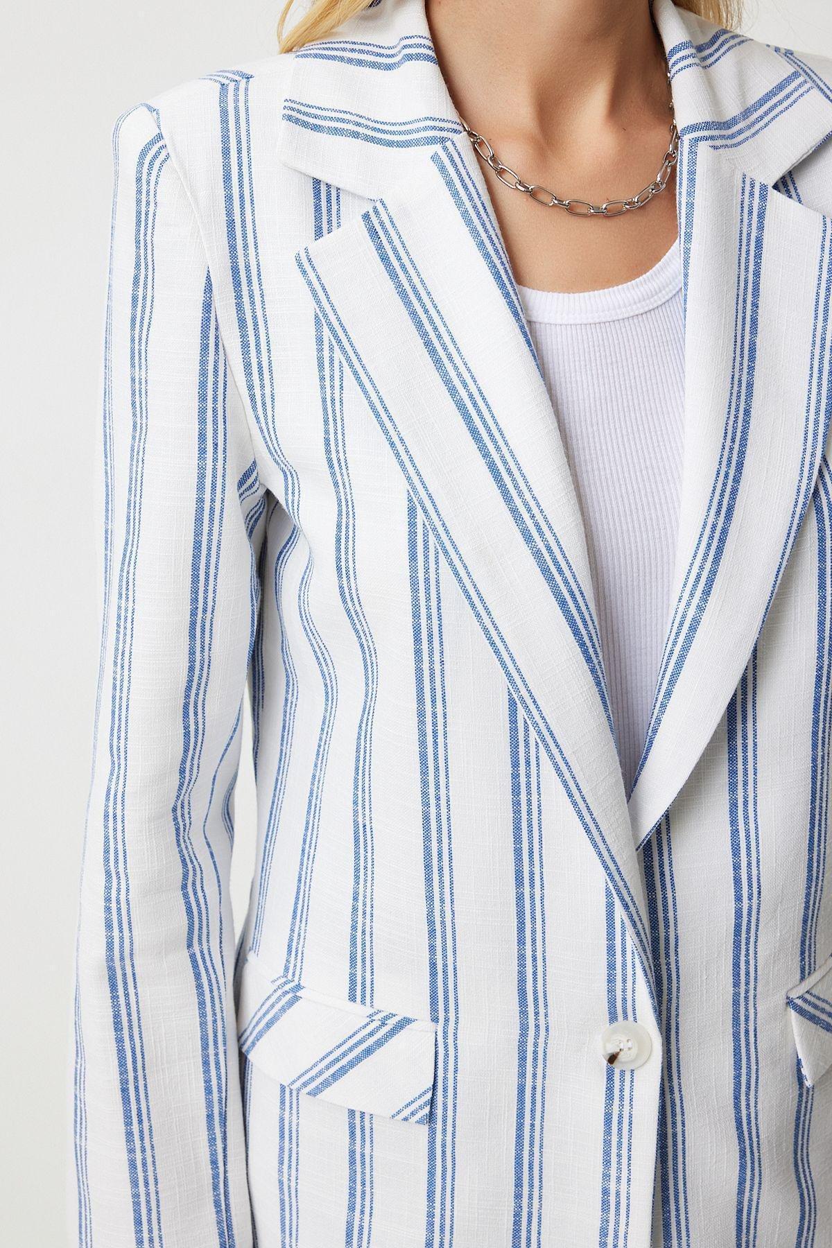 Womens Ecru Blue Striped Padded Linen Blend Blazer Jacket GP00006, single, , large image number 1