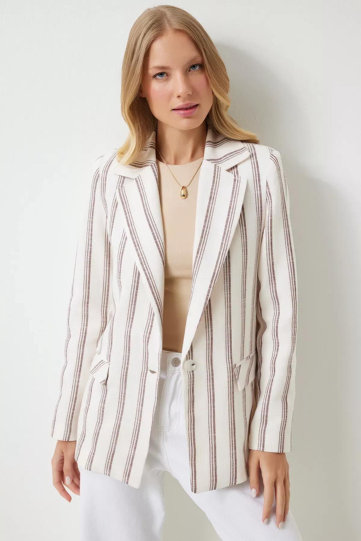 Womens Brown Bone Striped Padded Linen Blend Blazer Jacket GP00006, single, , large image number 0