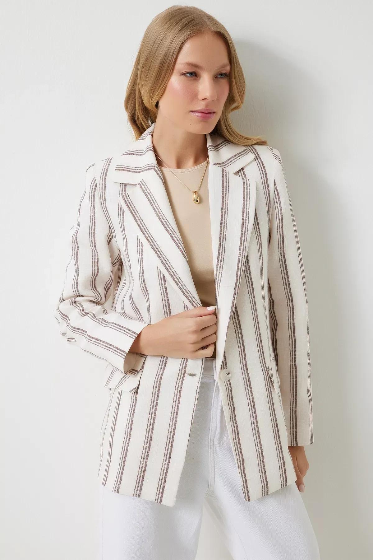 Womens Brown Bone Striped Padded Linen Blend Blazer Jacket GP00006, single, , large image number 1