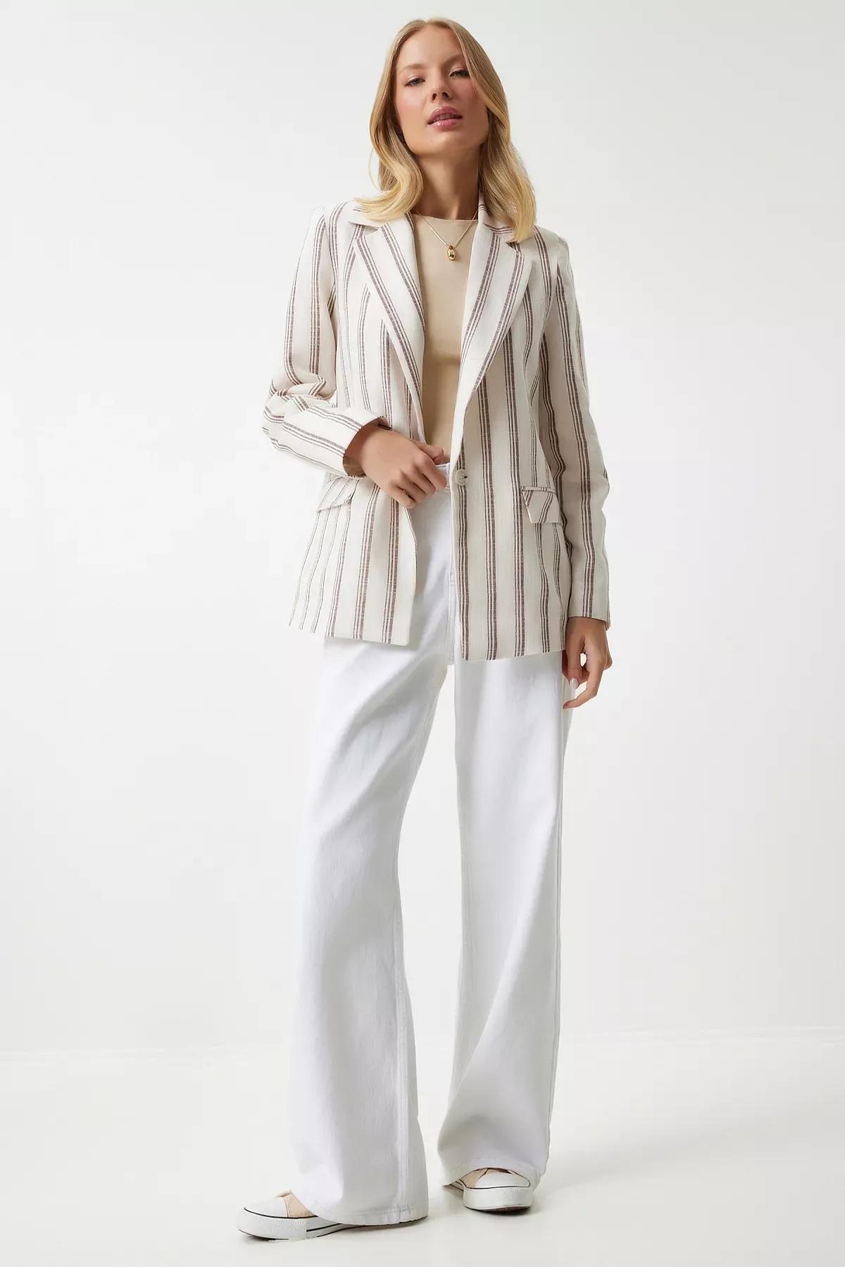 Womens Brown Bone Striped Padded Linen Blend Blazer Jacket GP00006, single, , large image number 3