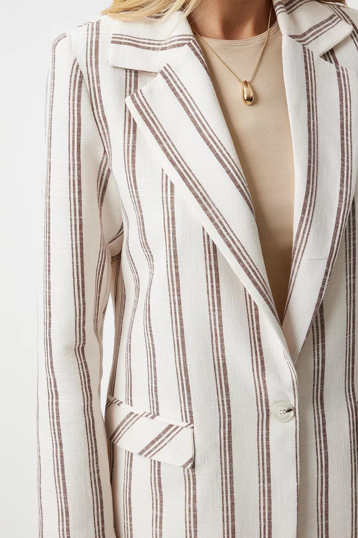 Womens Brown Bone Striped Padded Linen Blend Blazer Jacket GP00006, single, , large image number 4