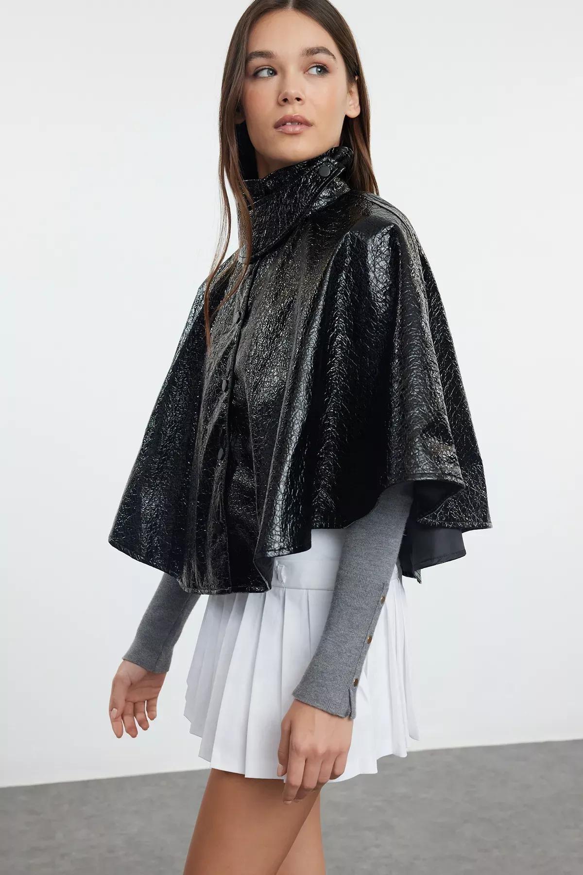 Black Oversize Molded Shiny Cape Coat TWOAW25MO00181, , large image number 0