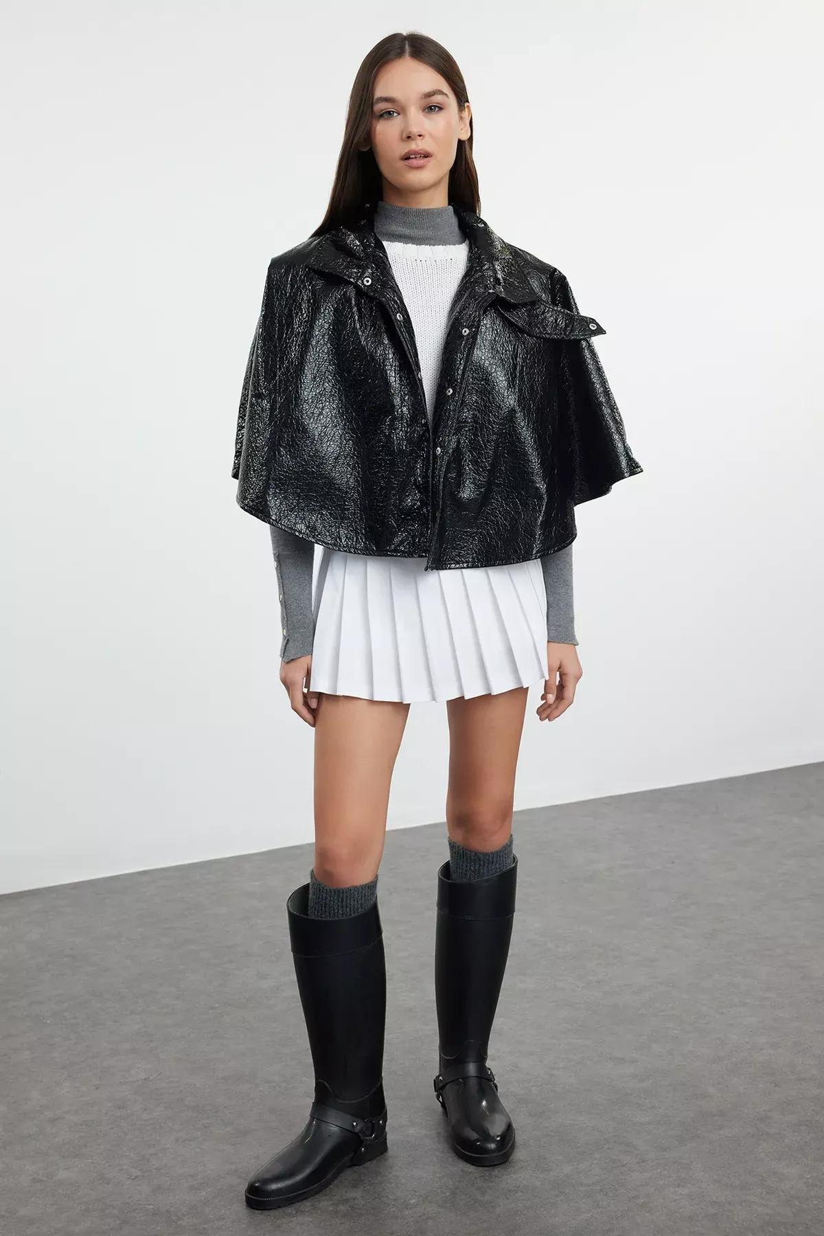 Black Oversize Molded Shiny Cape Coat TWOAW25MO00181, , large image number 1