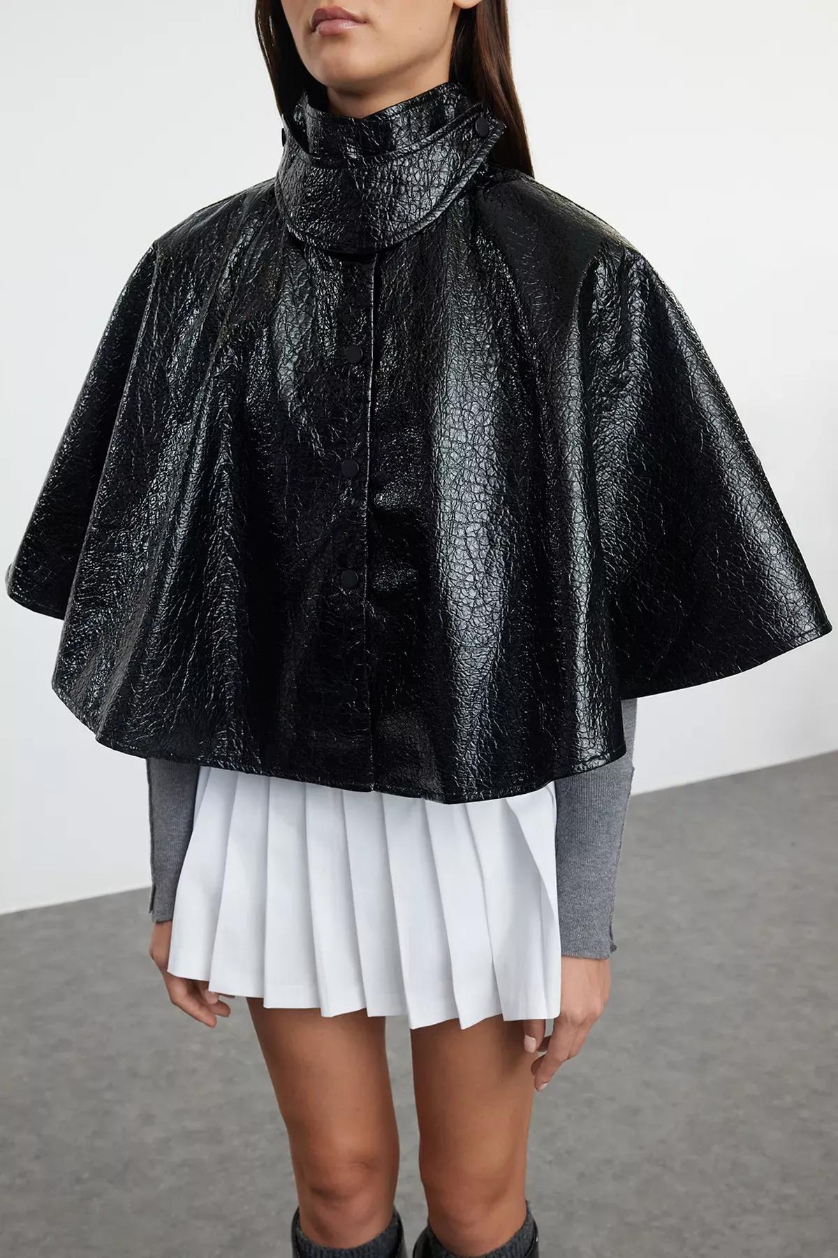 Black Oversize Molded Shiny Cape Coat TWOAW25MO00181, , large image number 2