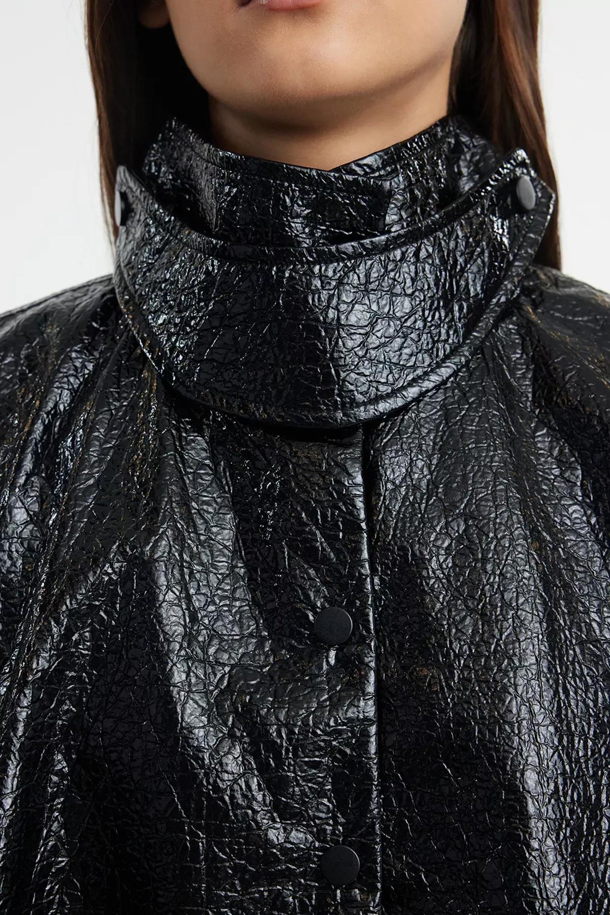 Black Oversize Molded Shiny Cape Coat TWOAW25MO00181, , large image number 3